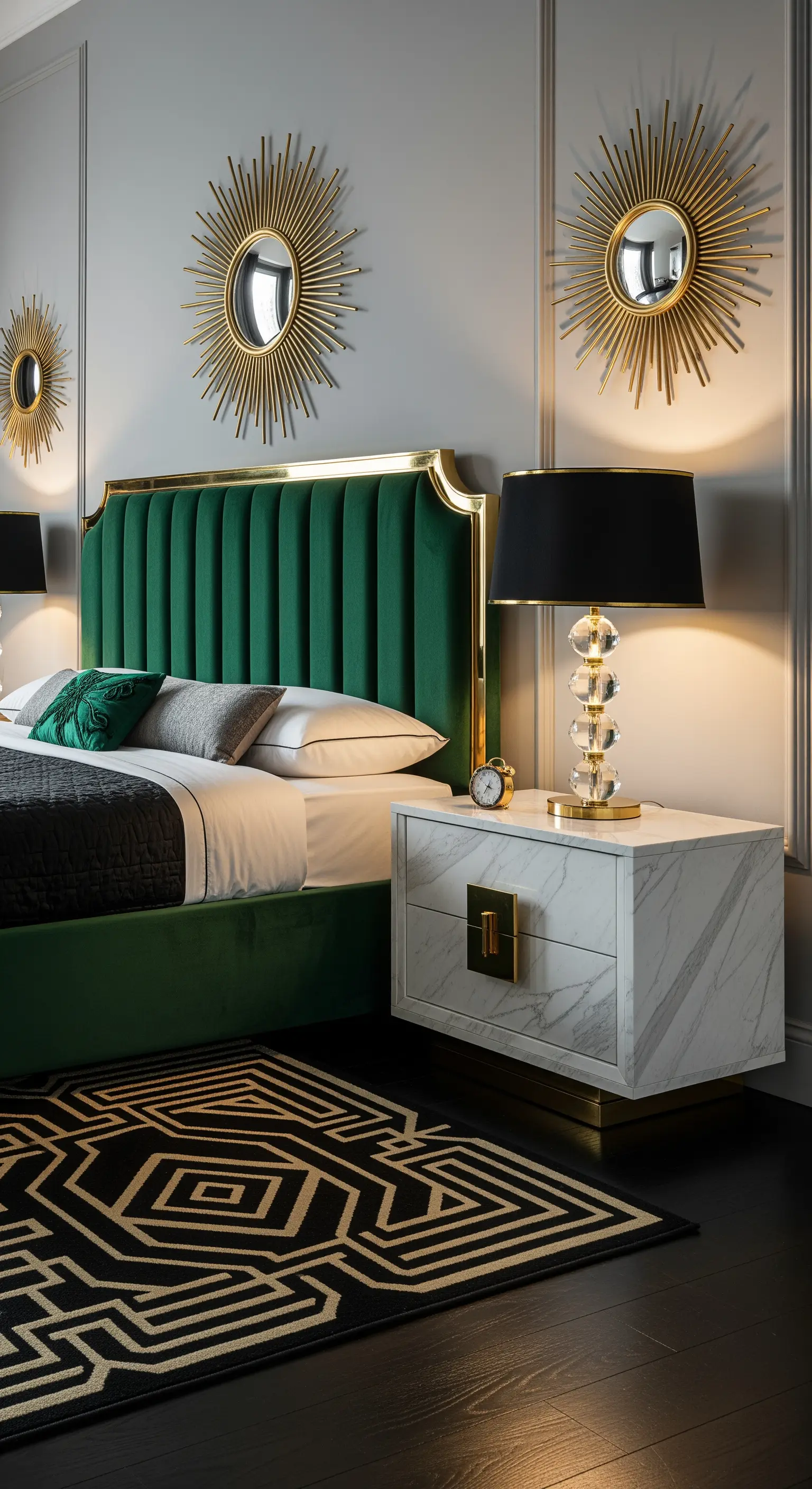 Art-Déco-Schlafzimmer mit grünem Samtbett, goldenen Spiegeln und Marmor-Nachttisch.