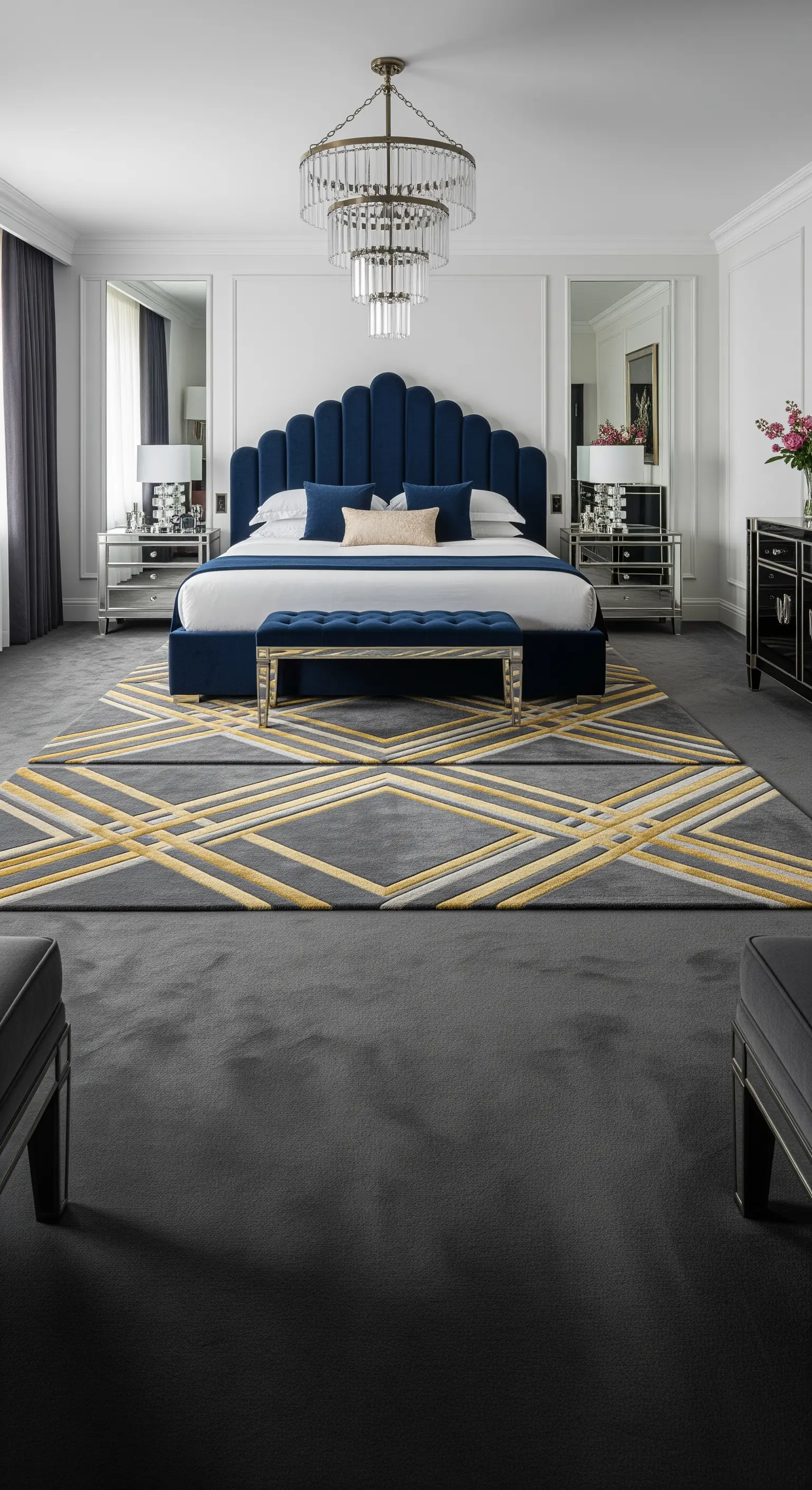 Elegantes Schlafzimmer mit blauem Samtbett auf einem grauen Teppich mit grafischem Muster