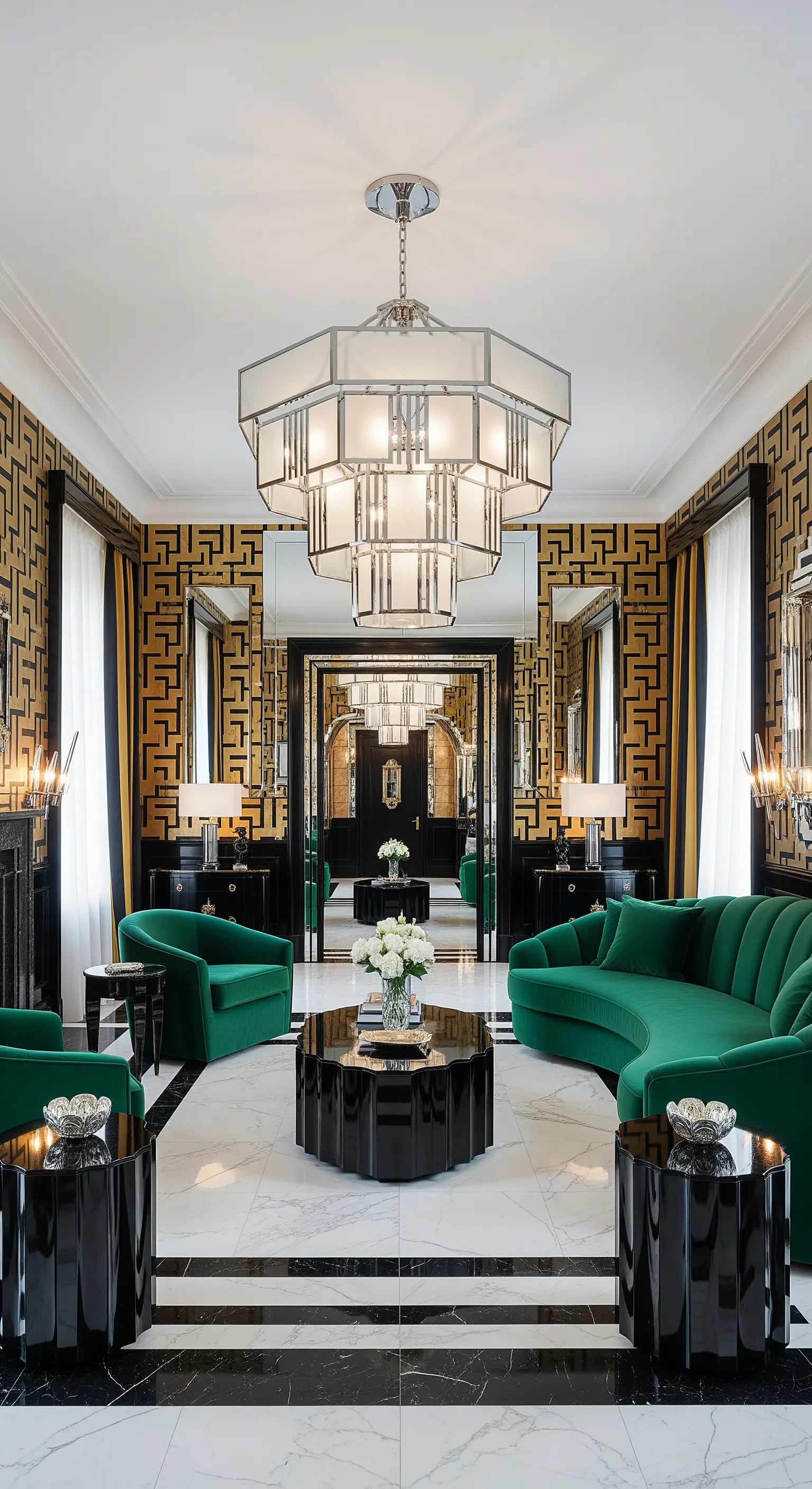 Geometrischer Art-déco-Kronleuchter in einem symmetrisch gestalteten Wohnzimmer mit grünen Samtsofas.