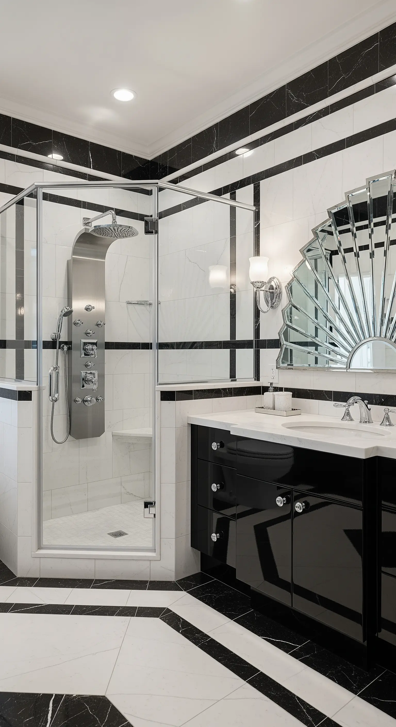 Art-Déco-Badezimmer in Schwarz-Weiß mit grafischen Fliesen und einem Sonnen-Spiegel