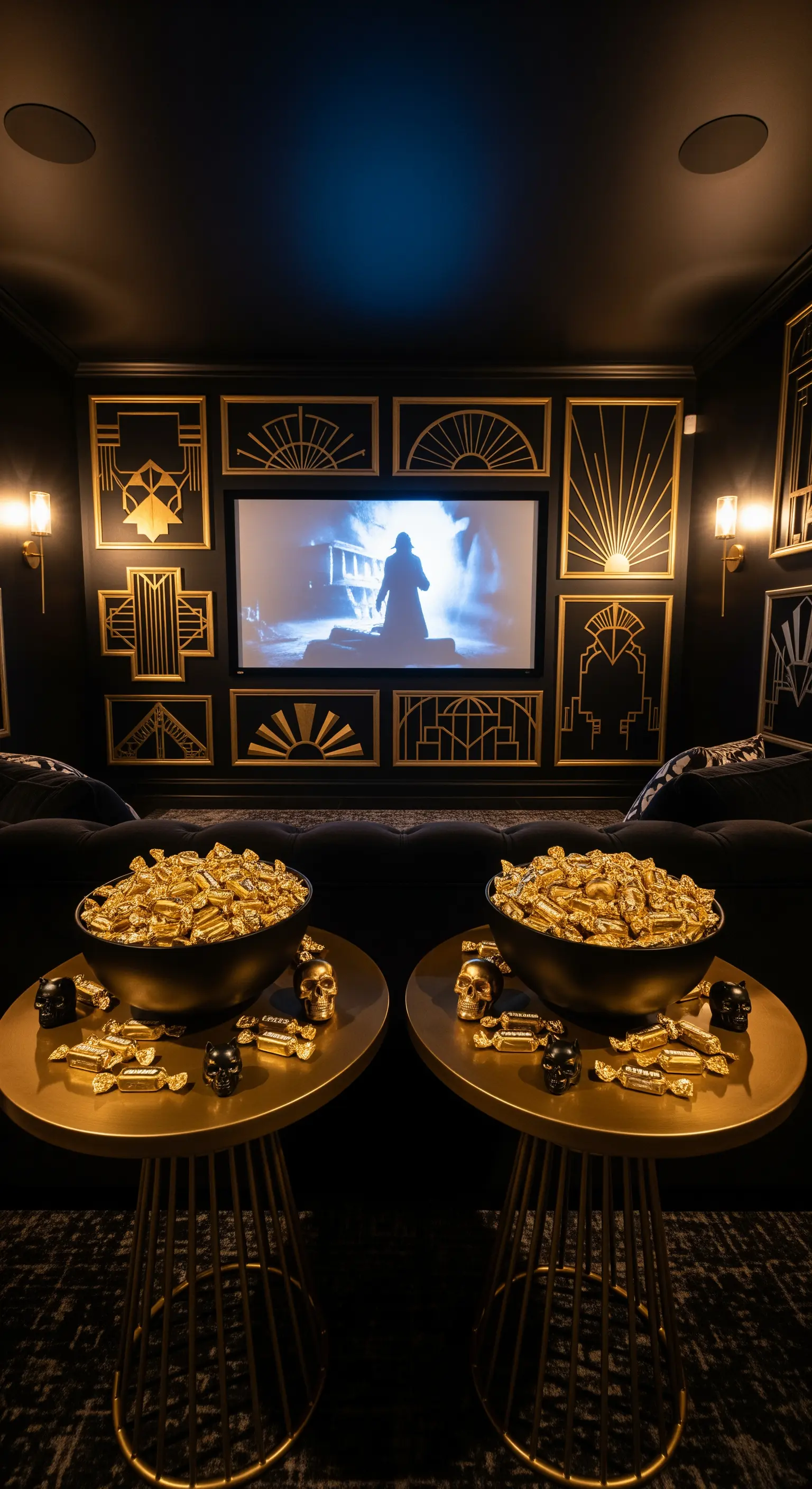 Heimkino mit Art-Déco-Wandpaneelen, goldenen Tischen und Halloween-Süßigkeiten