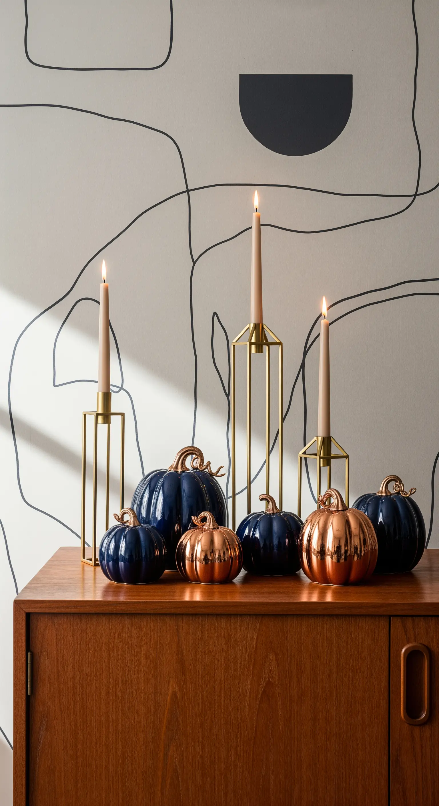 Sideboard mit marineblauen und kupferfarbenen Kürbissen, Messingkerzenständern, abstraktem Wandbild.