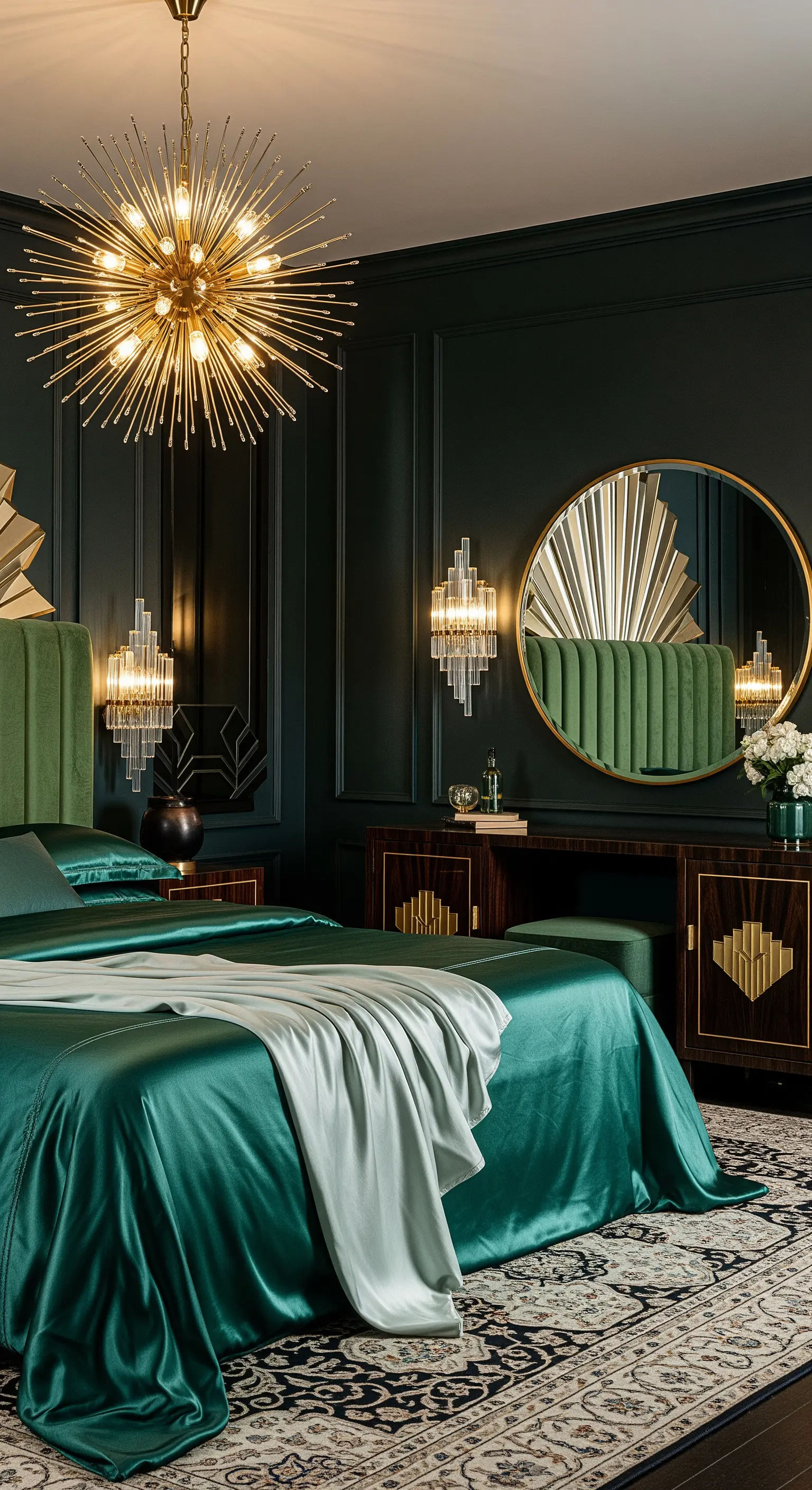 Grünes Art-déco-Schlafzimmer mit goldenem Sputnik-Kronleuchter und Satinbettwäsche.