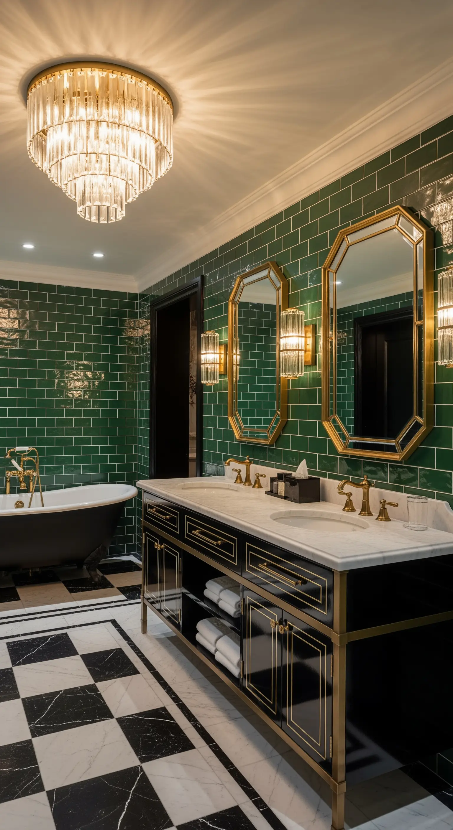 Art-Déco-Badezimmer mit grünen Fliesen, goldenen Spiegeln und Kristallleuchter.