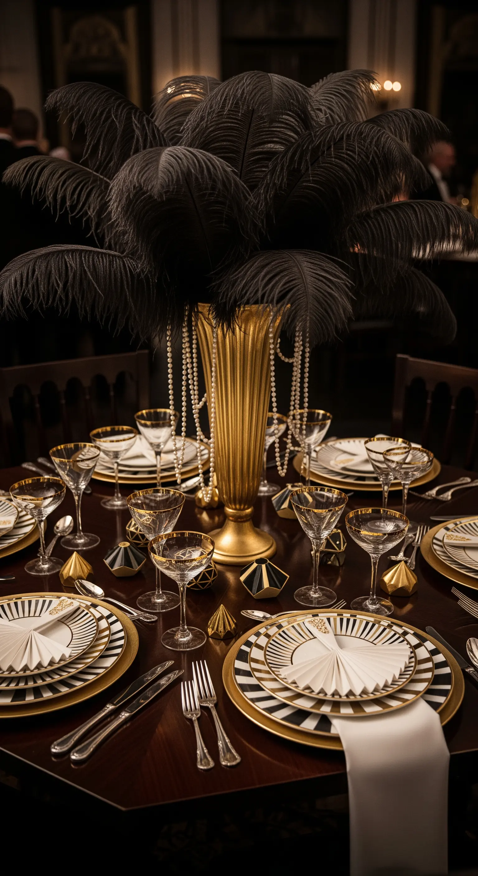 Eleganter Art-Déco-Tisch mit schwarzen Federn, Perlen und goldenem Geschirr