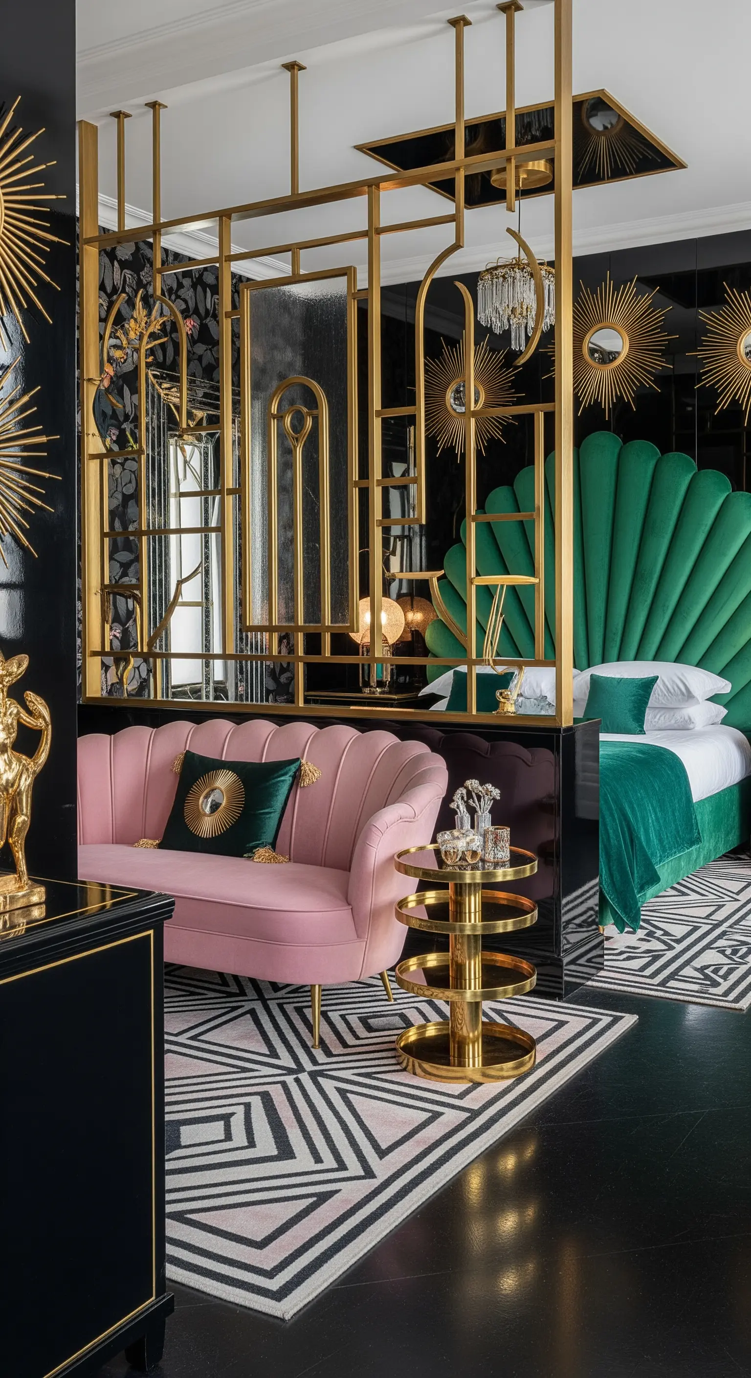 Glamouröse Lounge im Art-Déco-Stil mit goldenem Raumteiler und rosa Samtsofa.
