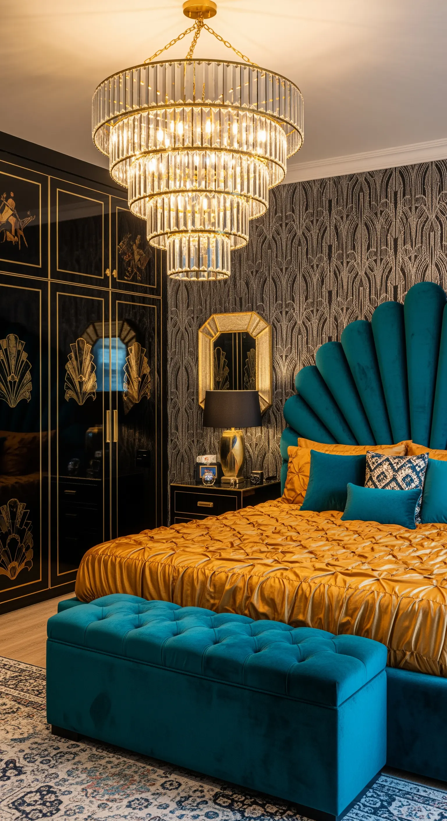 Art-déco-Schlafzimmer mit türkisfarbenem Samt-Kopfteil und Gold-Details.