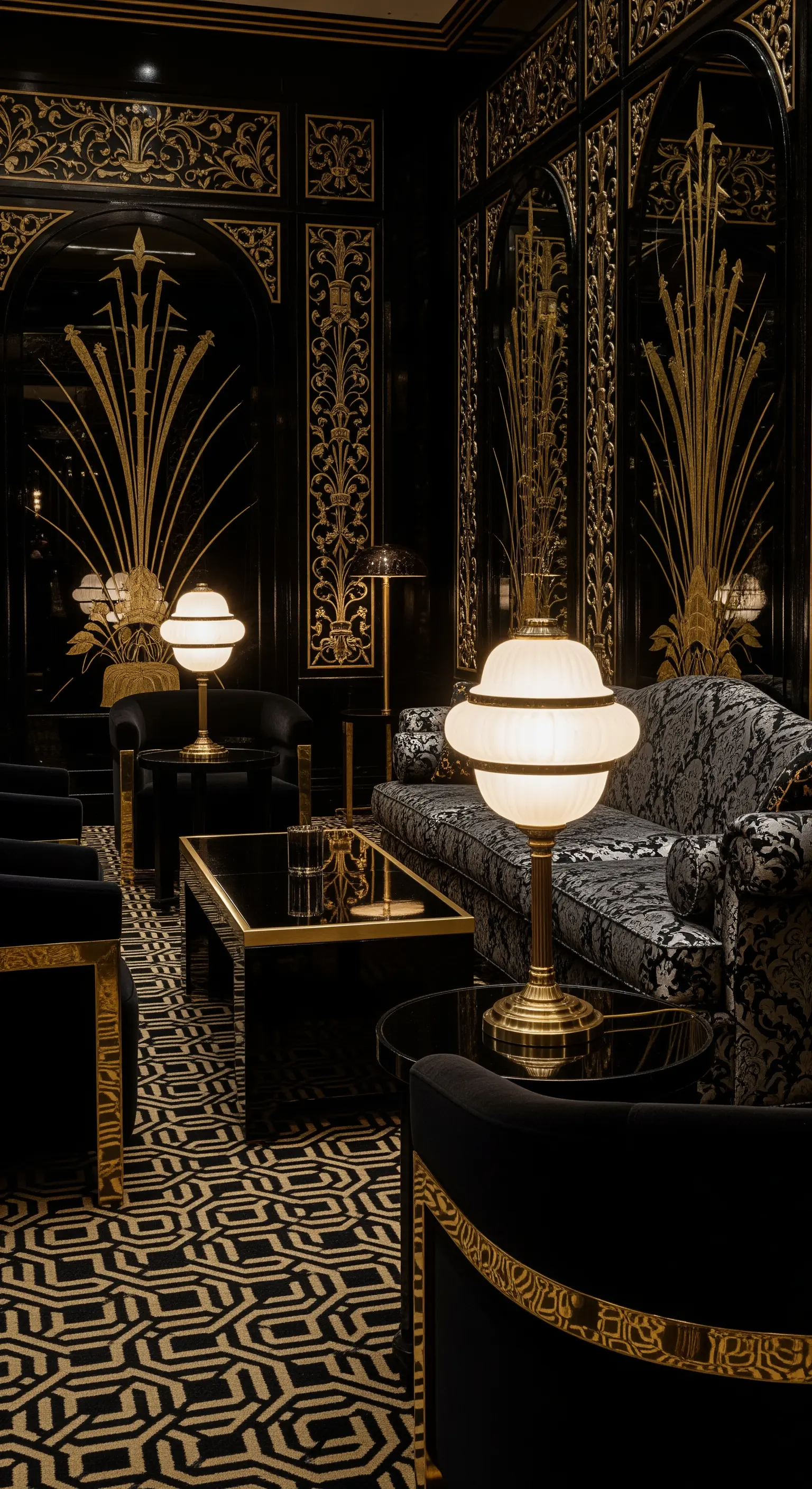 Art Déco Wohnzimmer mit schwarzen Wänden, goldenen Akzenten und gemustertem Sofa