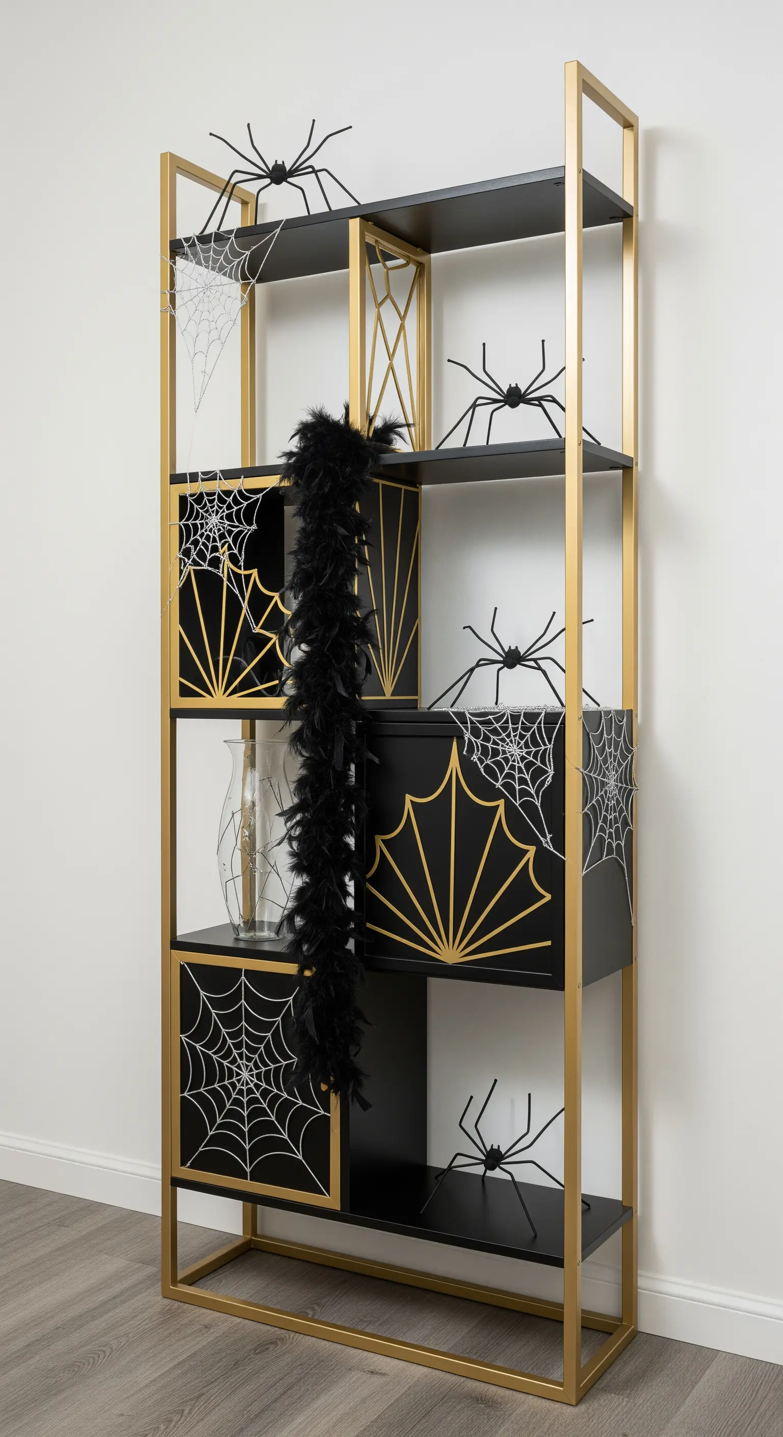 Art-déco-Regal mit großen Spinnen und einer schwarzen Federboa.