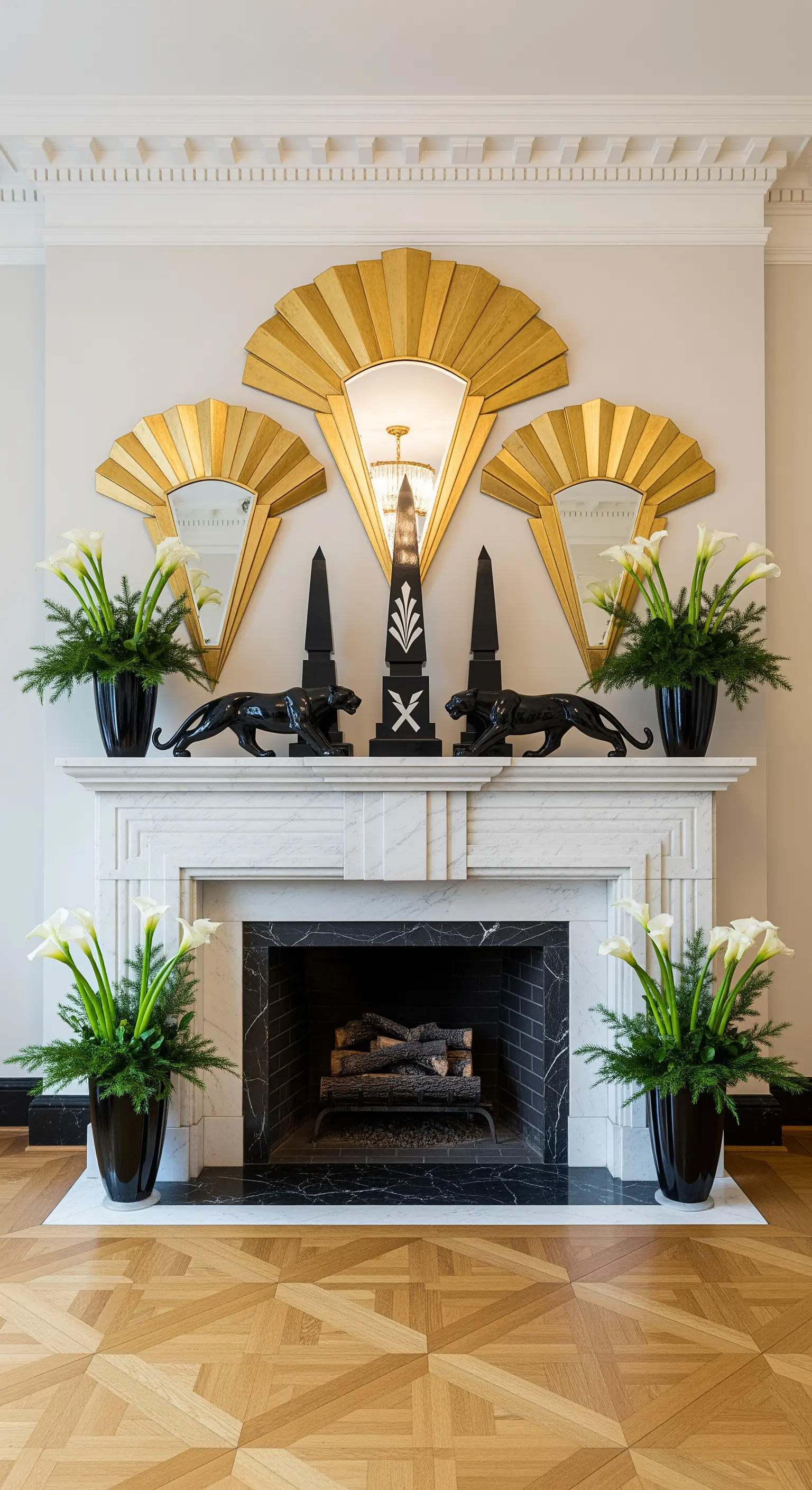 Art-Déco-Kamin mit goldenen Fächerspiegeln, schwarzen Obelisken und Calla-Lilien