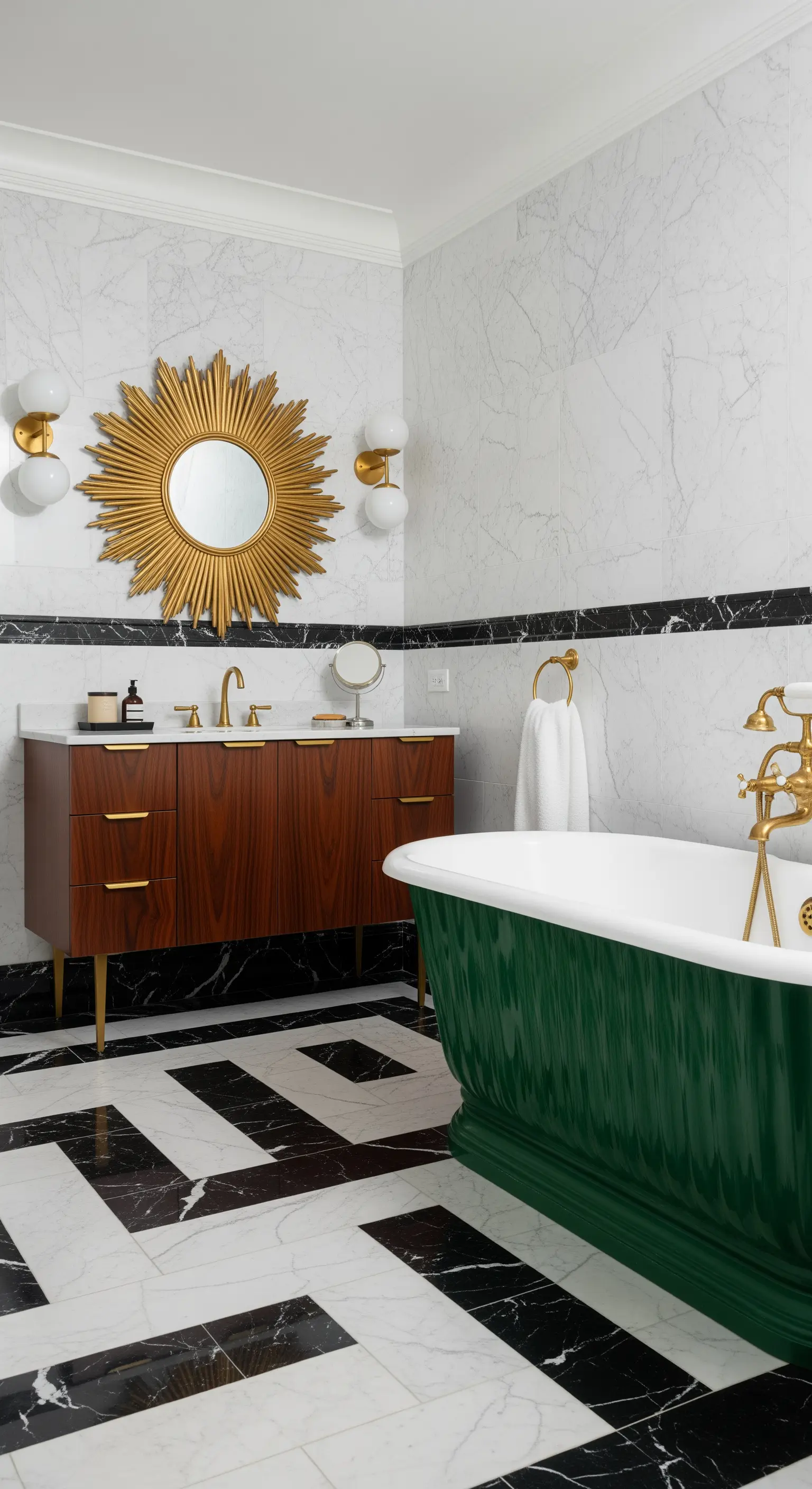 Smaragdgrüne freistehende Badewanne auf schwarz-weißen geometrischen Fliesen mit goldenen Akzenten.