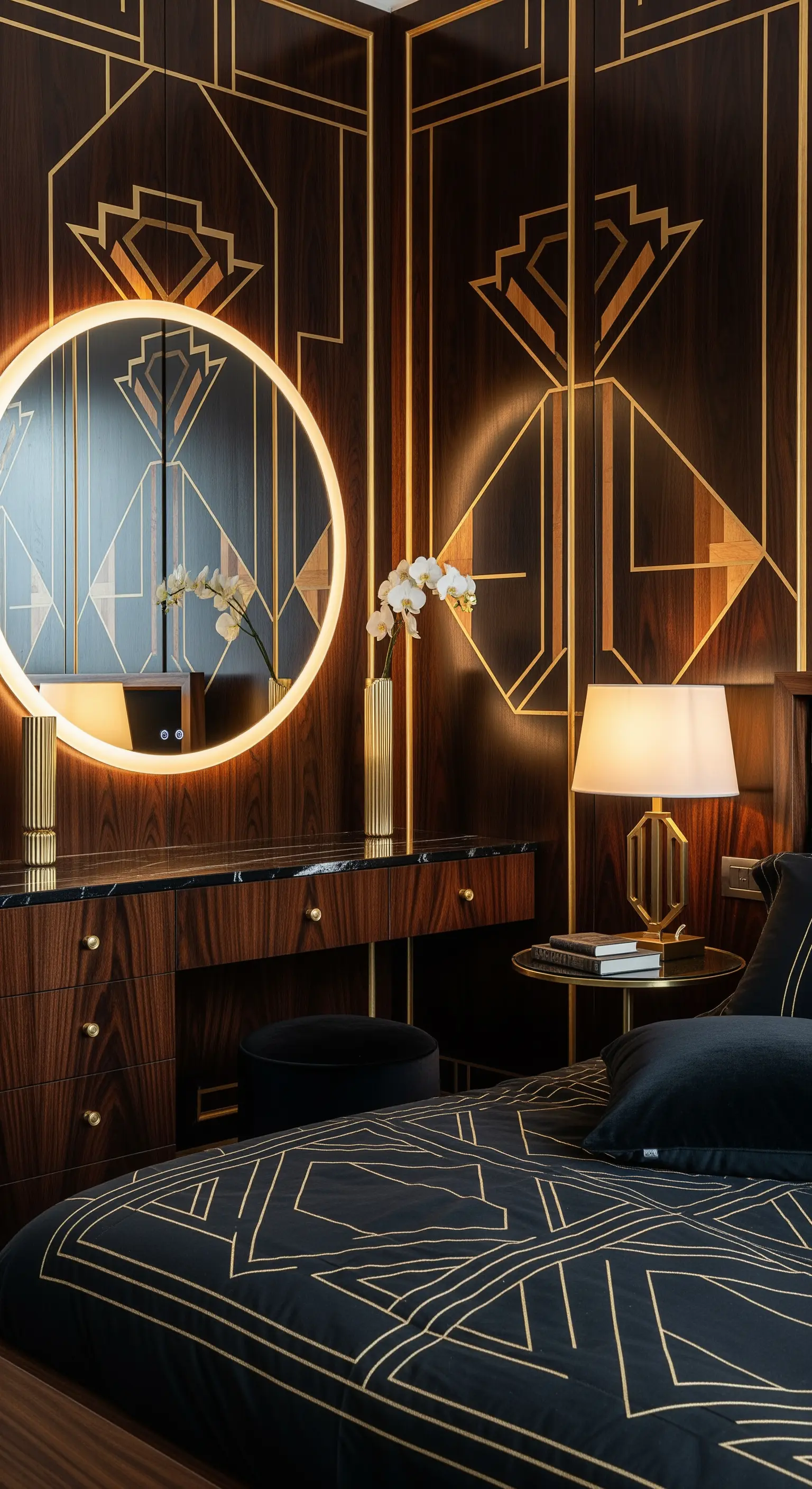 Art Déco Wandpaneele, Goldakzente, runder Spiegel