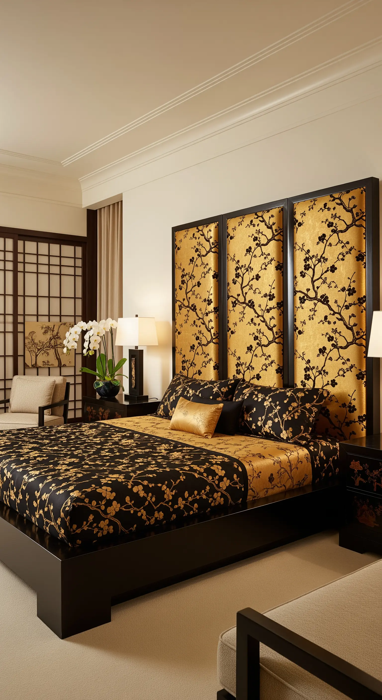 Schwarzes Bett mit goldenem, floral gemustertem Kopfteil im Asia-Stil