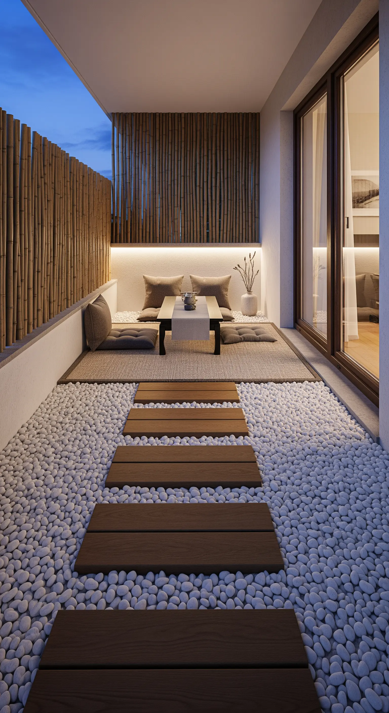 Zen-Balkon mit weißen Kieseln, Holzweg und Bodenkissen