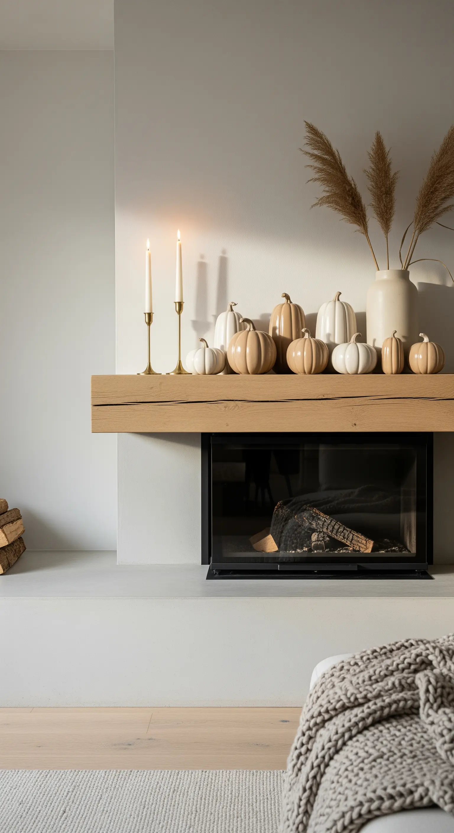 Kaminsims mit beigen und weißen Kürbissen, Kerzen und Pampasgras in einer Vase.