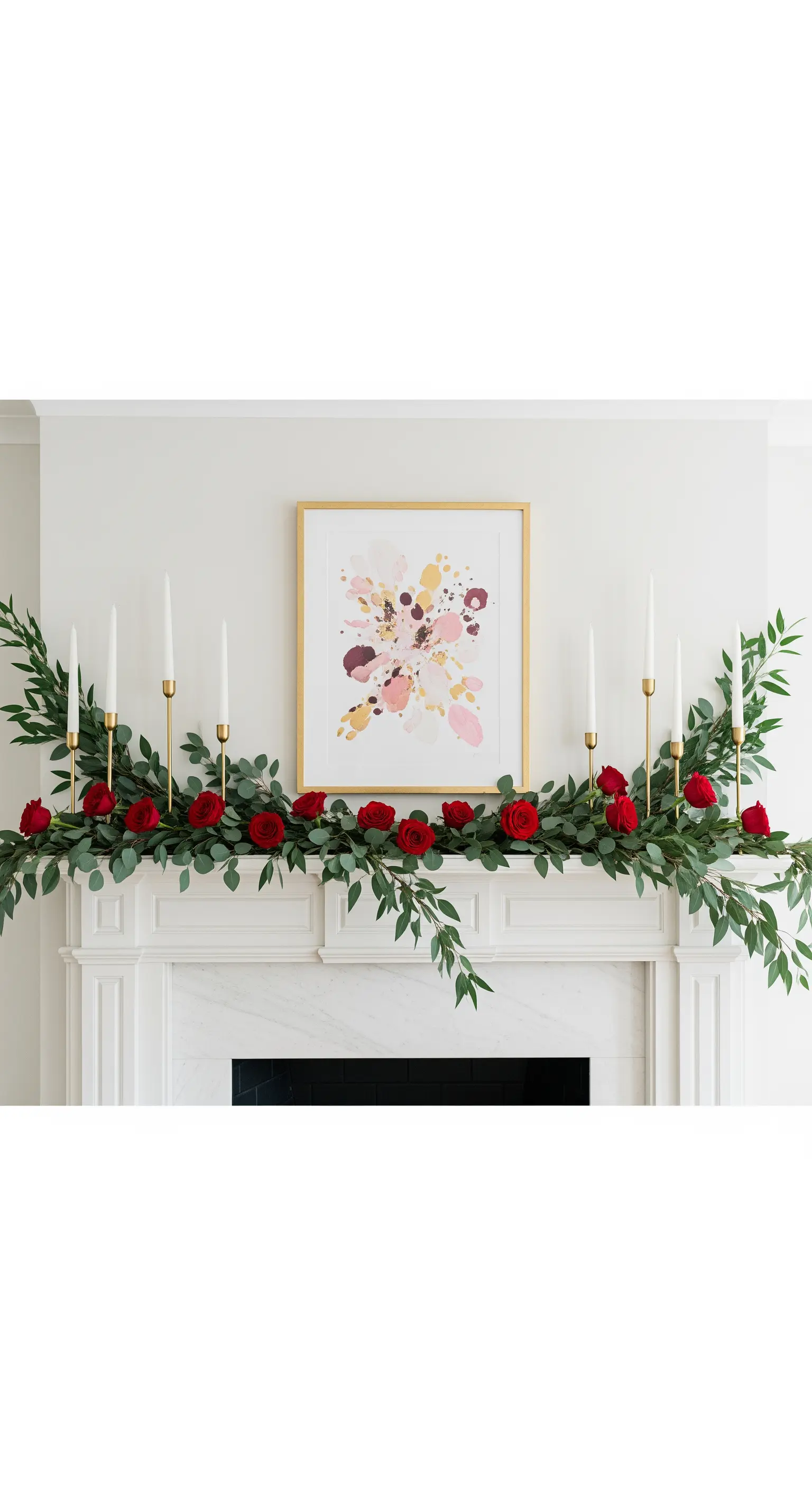 Kamin mit Rosengirlande und Goldakzenten für einen modernen, romantischen Look.