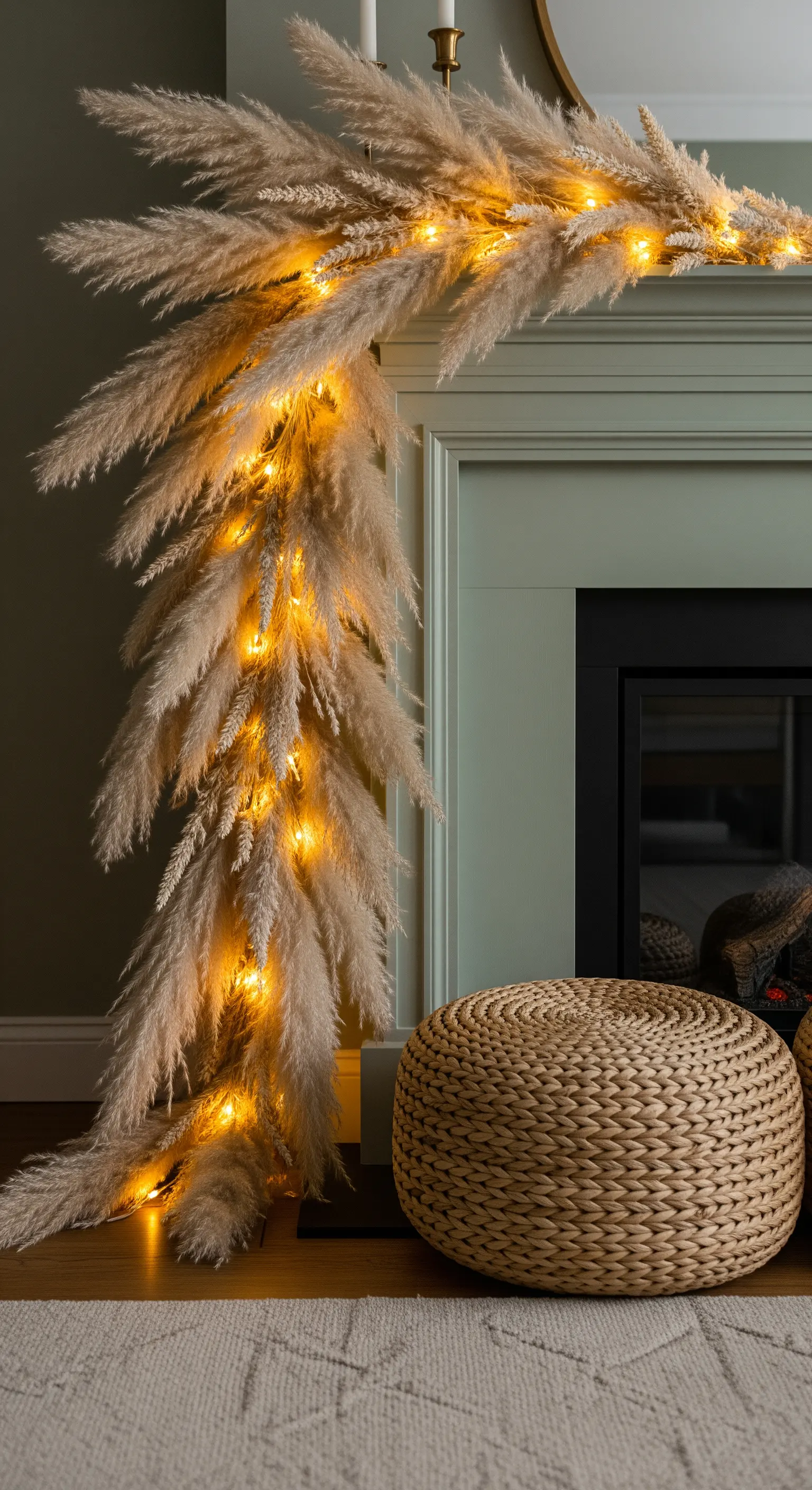 Asymmetrische Pampasgras-Girlande am grünen Kamin