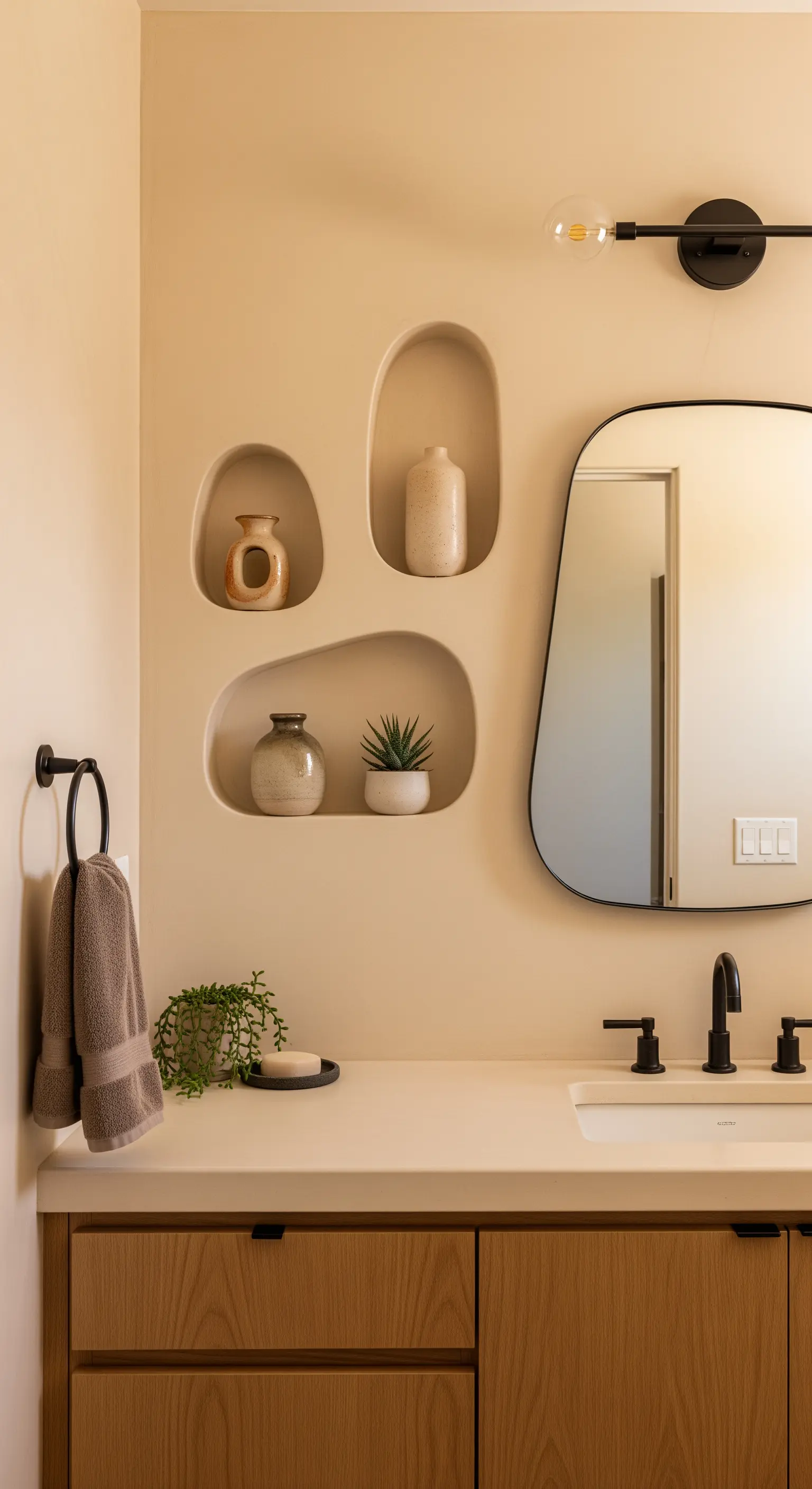 Gruppe von organisch geformten Wandnischen neben einem modernen Waschbecken.