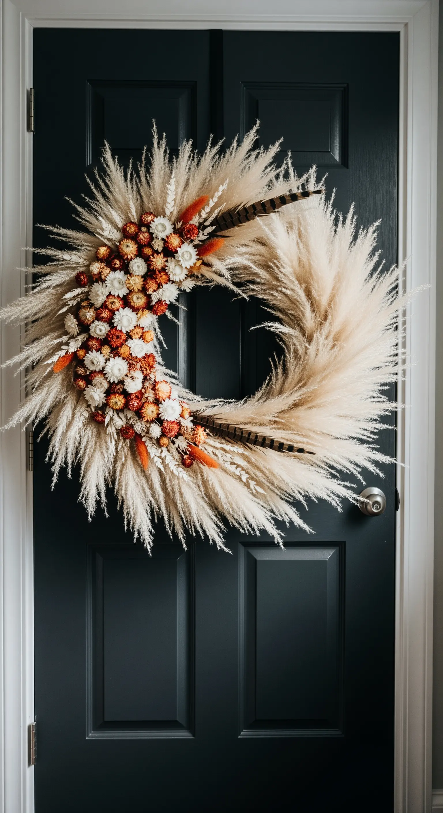Asymmetrischer Türkranz aus Pampasgras mit getrockneten Blumen und Federn.