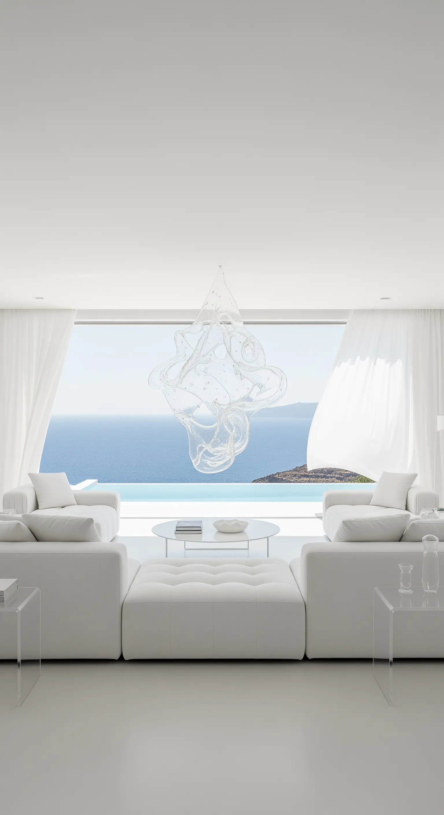 Transparente, fließende Glasskulptur in einem komplett weißen, minimalistischen Wohnzimmer mit Meerblick.