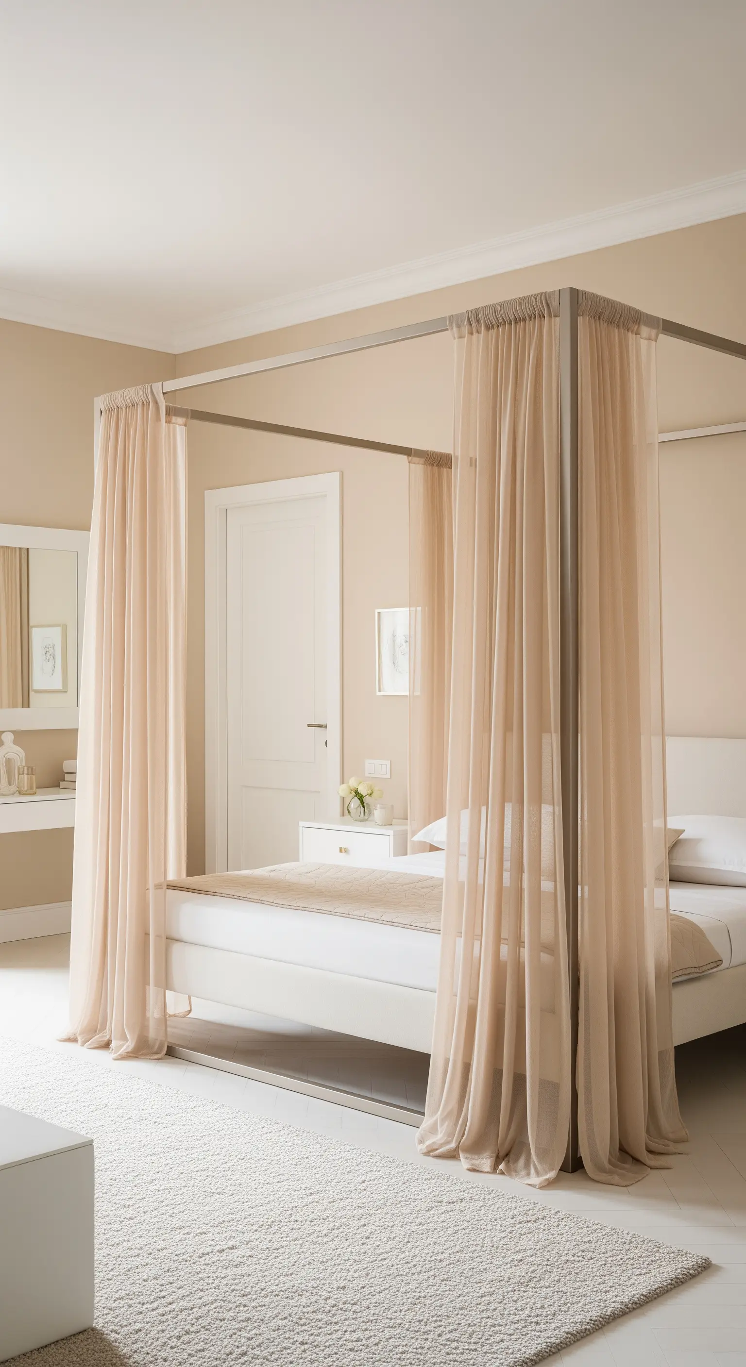 Modernes Himmelbett, umhüllt von leichten, transparenten Tüllvorhängen in einem hellen Raum.