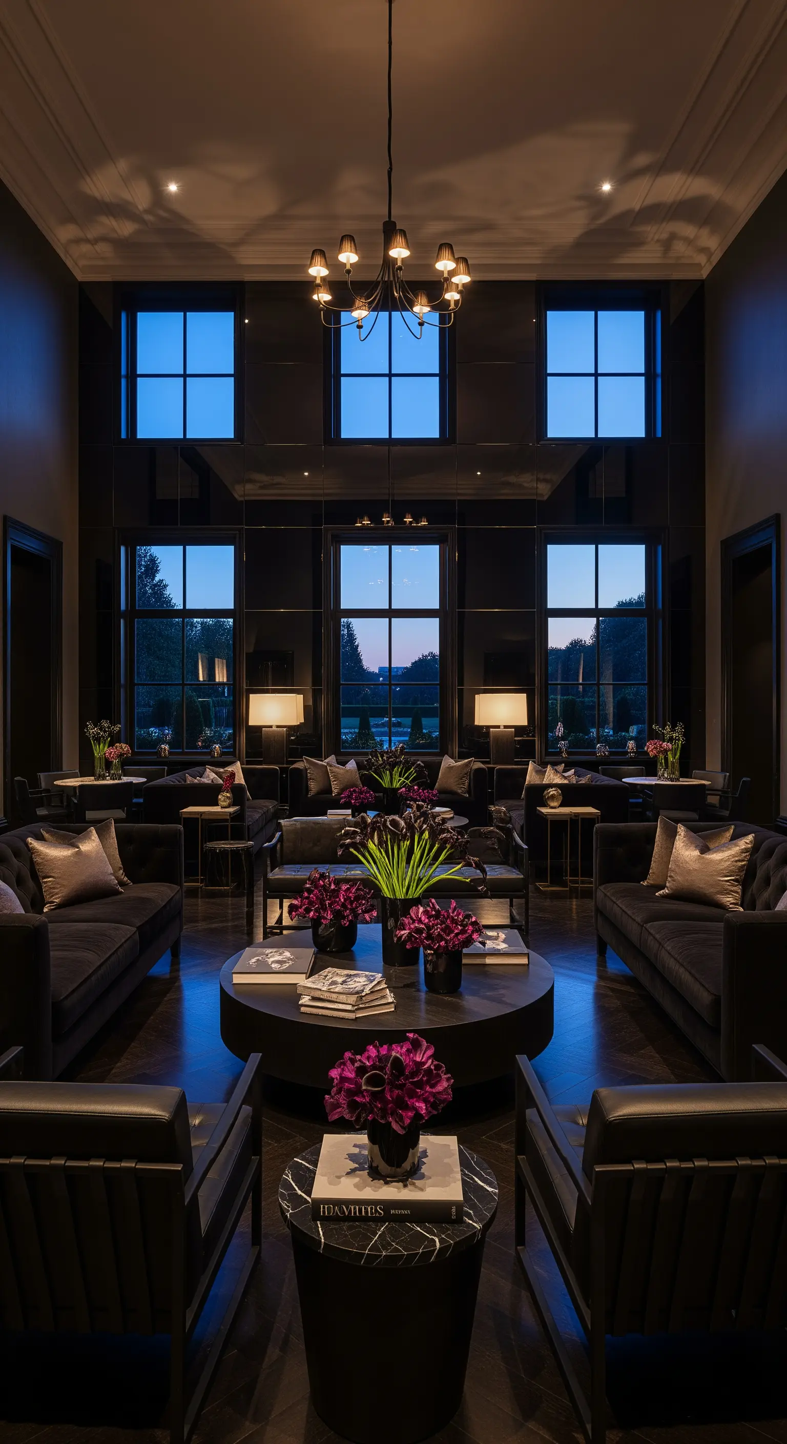 Atrium-Lounge mit Spiegelwänden, hohen Fenstern und lilafarbenen Blumen