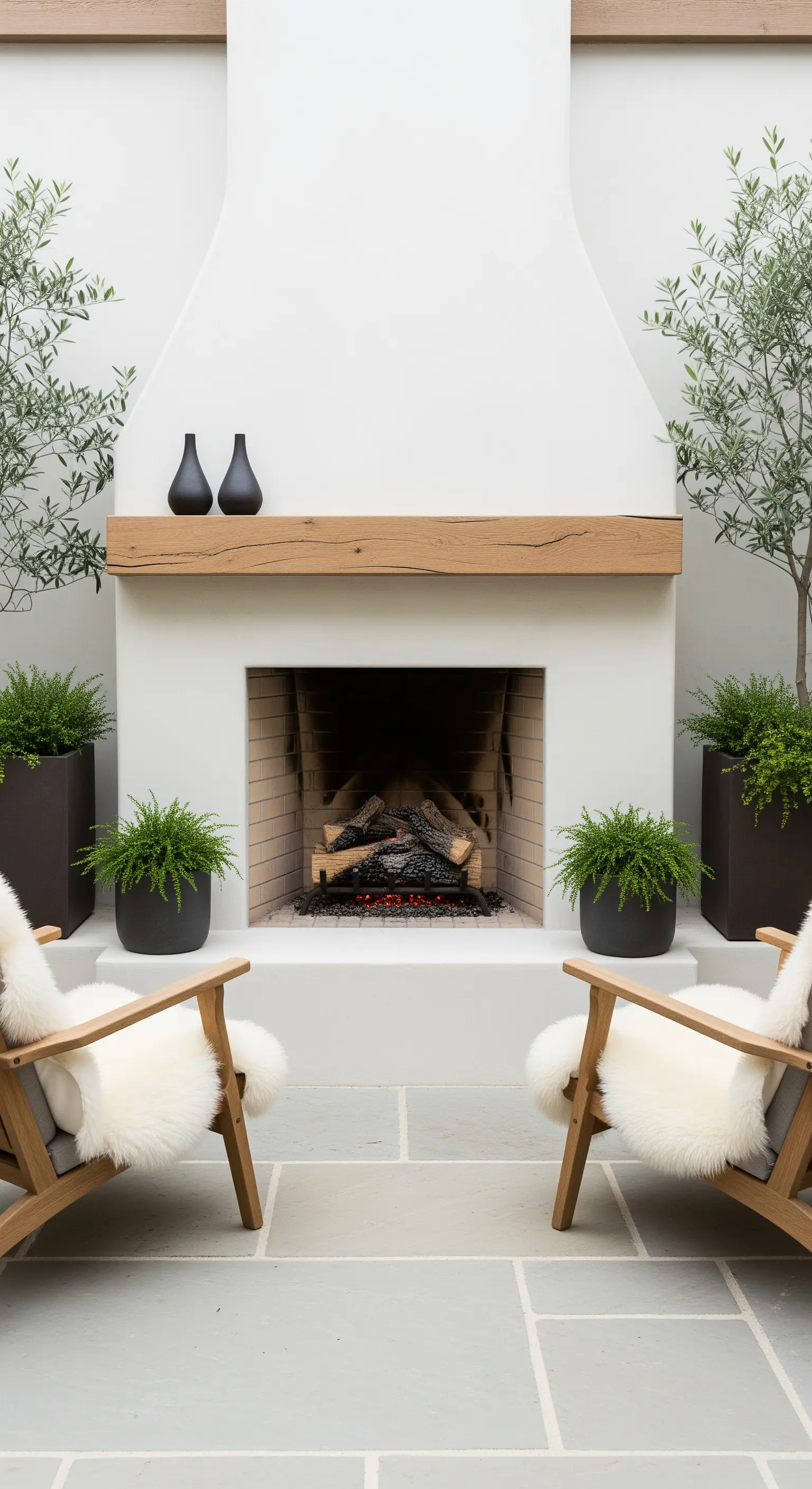 Japandi-Außenkamin mit Fellsesseln, Olivenbäumen und Natursteinboden.