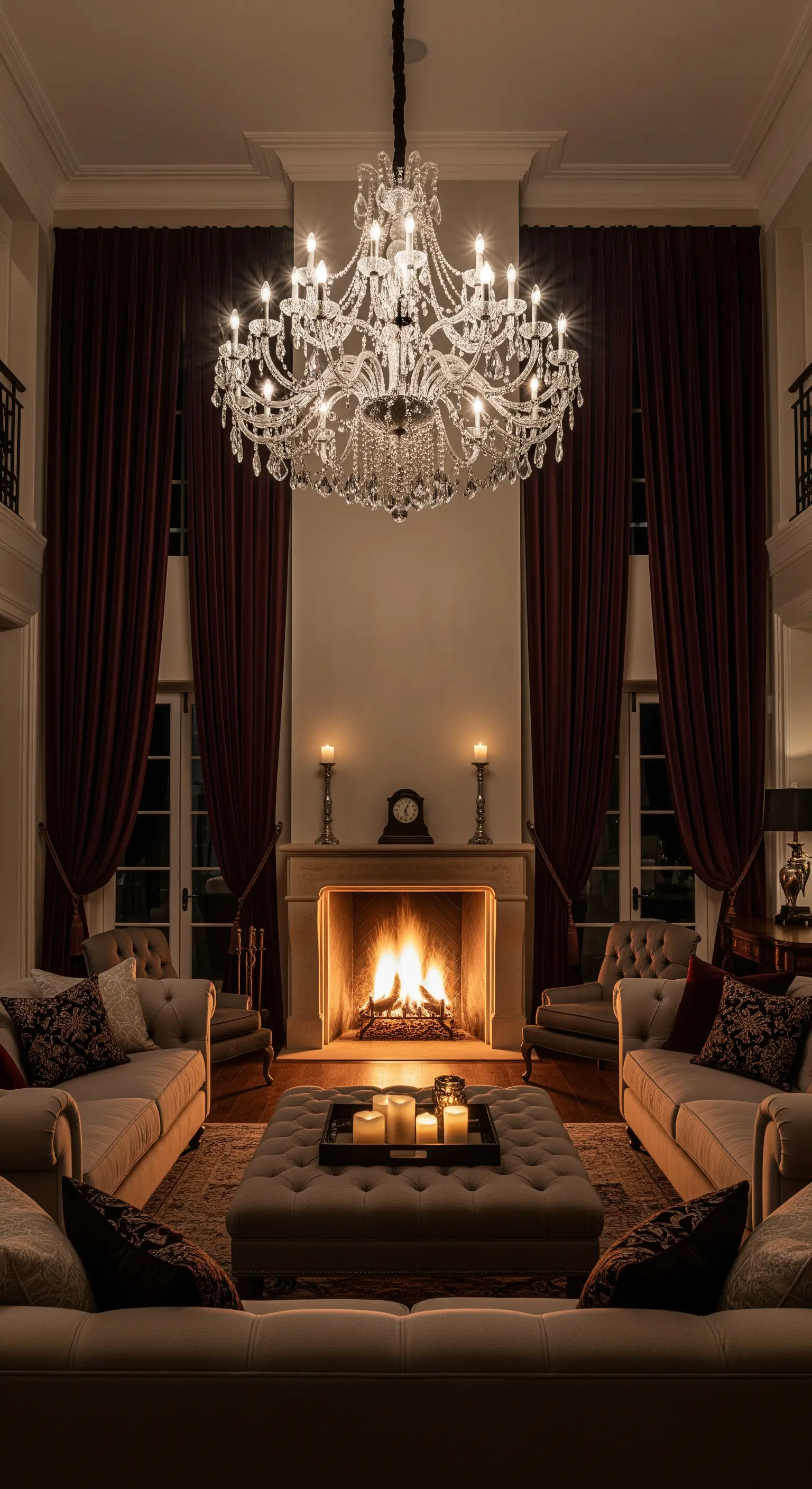 Ein opulentes Wohnzimmer mit einem großen Kristallkronleuchter, symmetrisch angeordneten Sofas und Kaminfeuer.