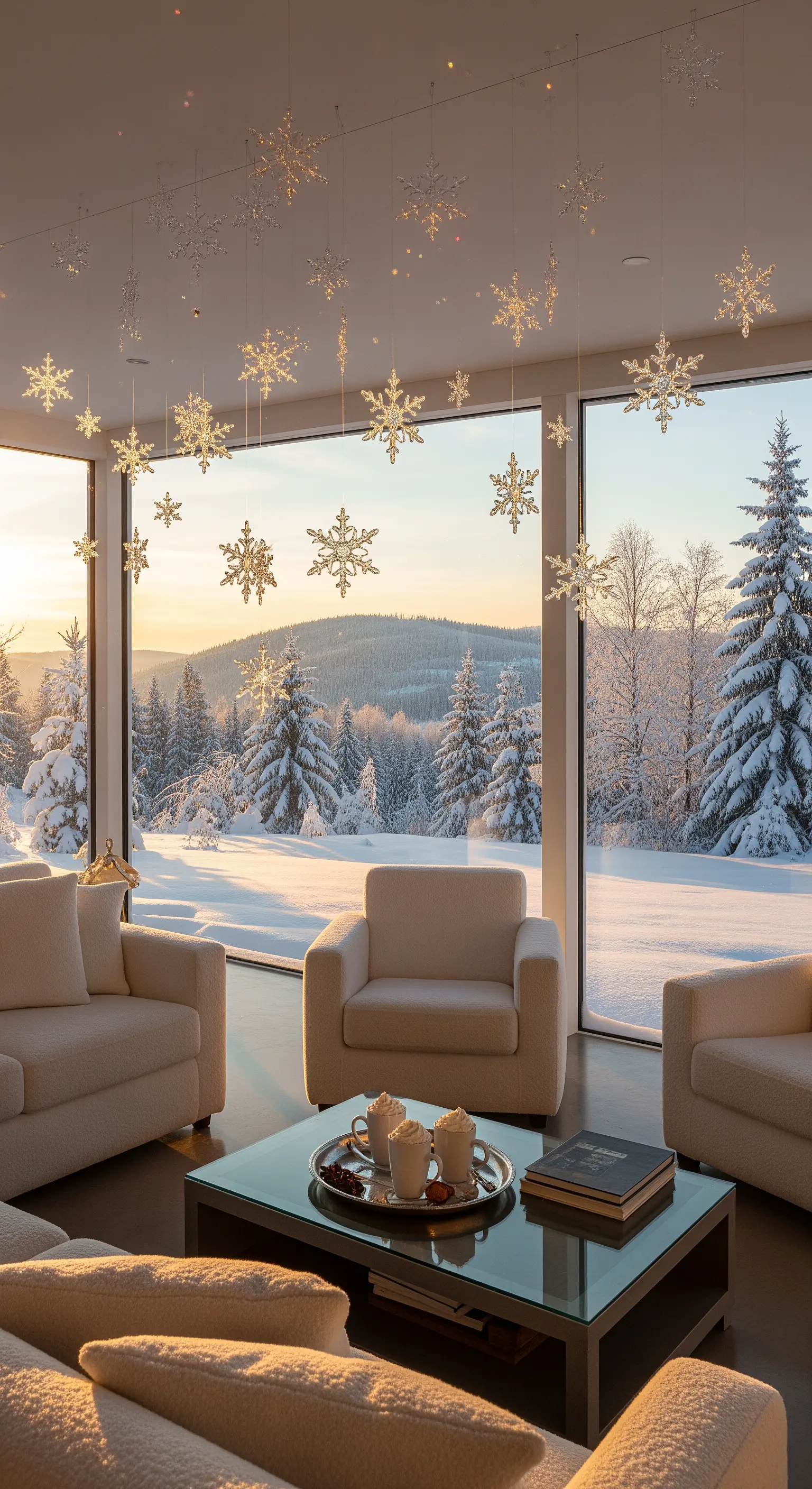Wohnzimmer mit bodentiefen Fenstern, schwebenden Schneeflocken und Blick auf verschneite Landschaft