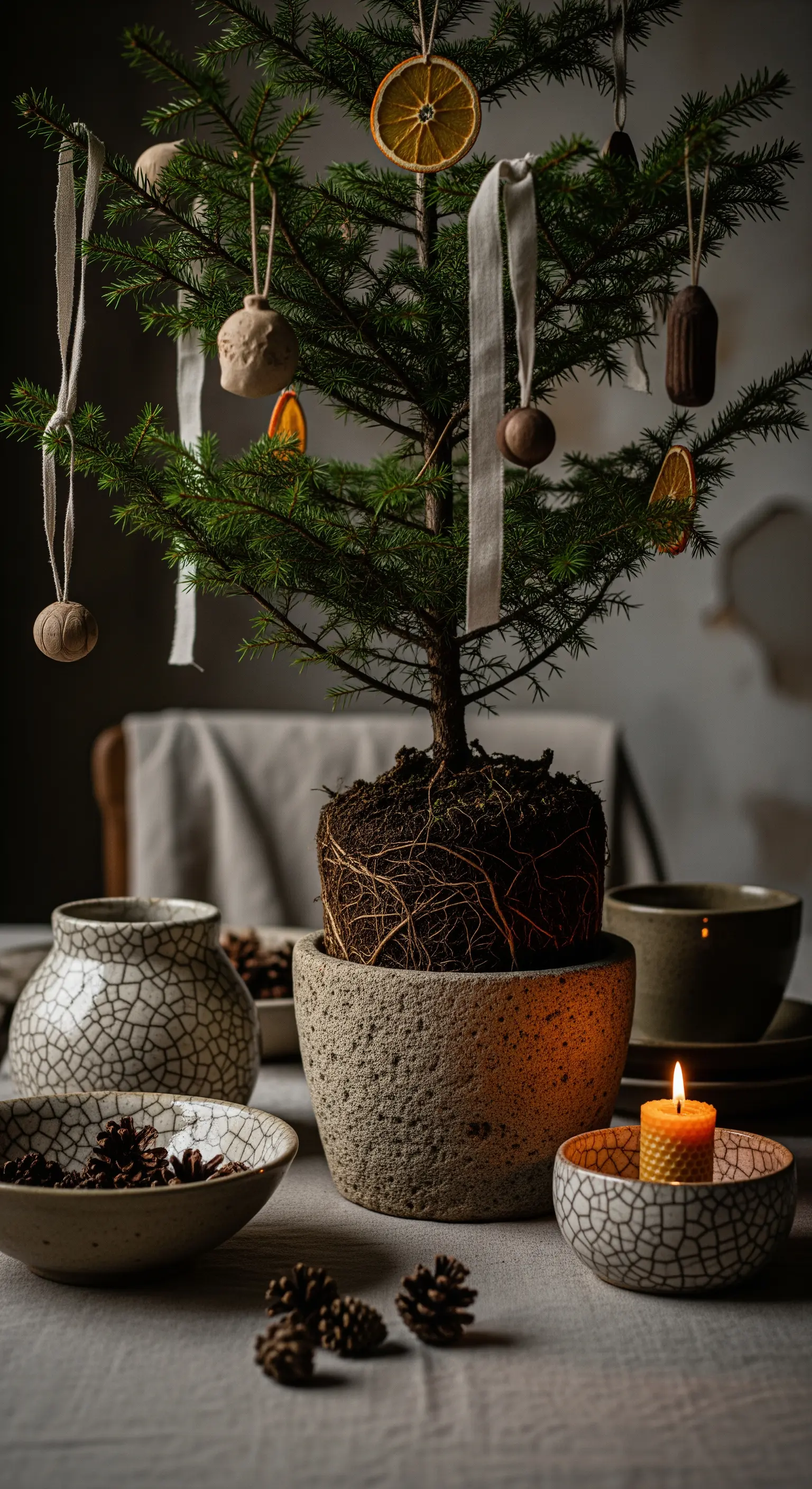 Natürliche Weihnachtsdeko, kleiner Baum, getrocknete Orangen, Kerzenschein