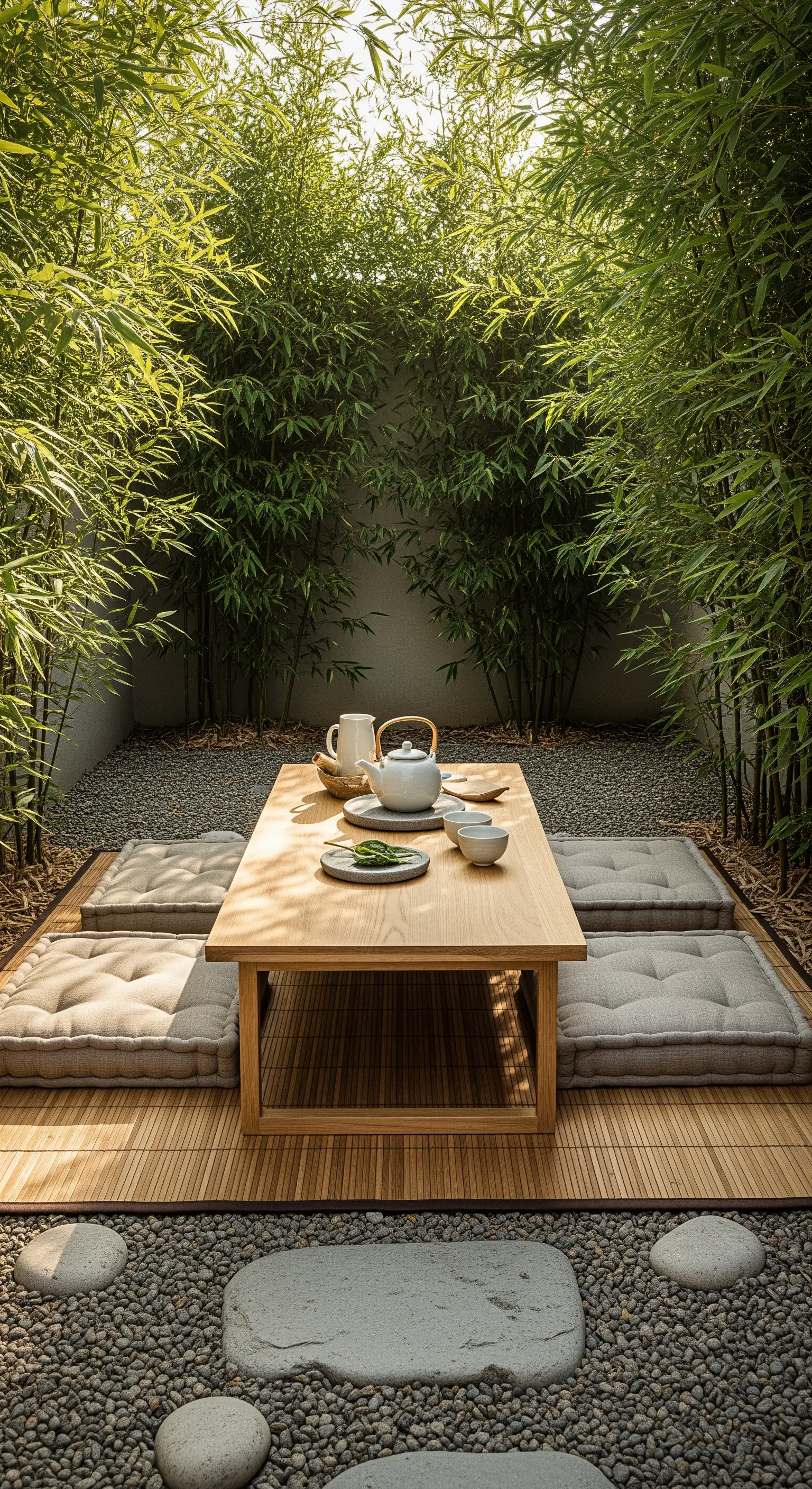 Outdoor-Tee-Ecke mit niedrigem Holztisch, Kissen und Bambuswand