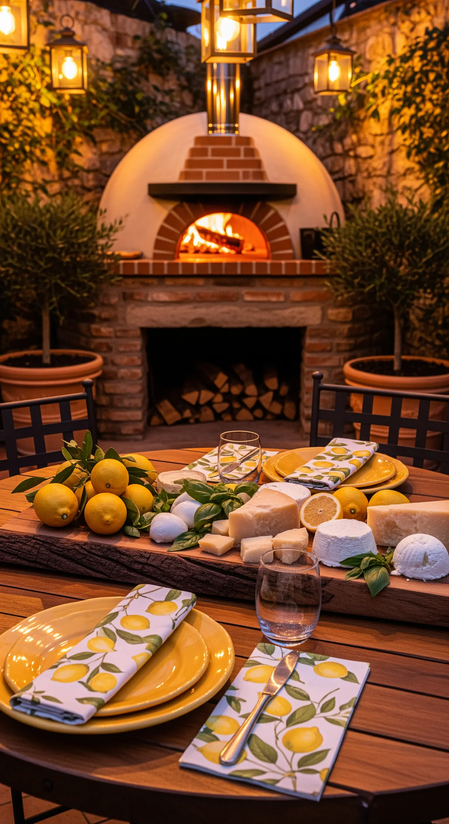 Holztisch mit Käseplatte, Zitronen-Servietten vor Pizzaofen