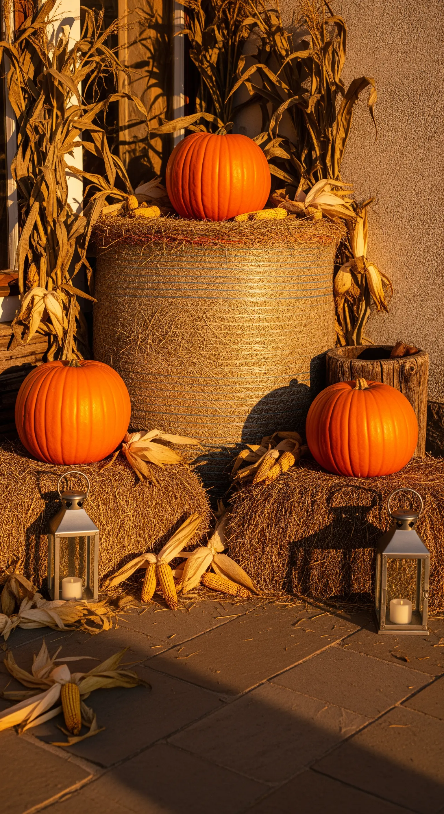 Rustikale Eingangsdeko mit Strohballen, Mais, orange Kürbisse, Laternen