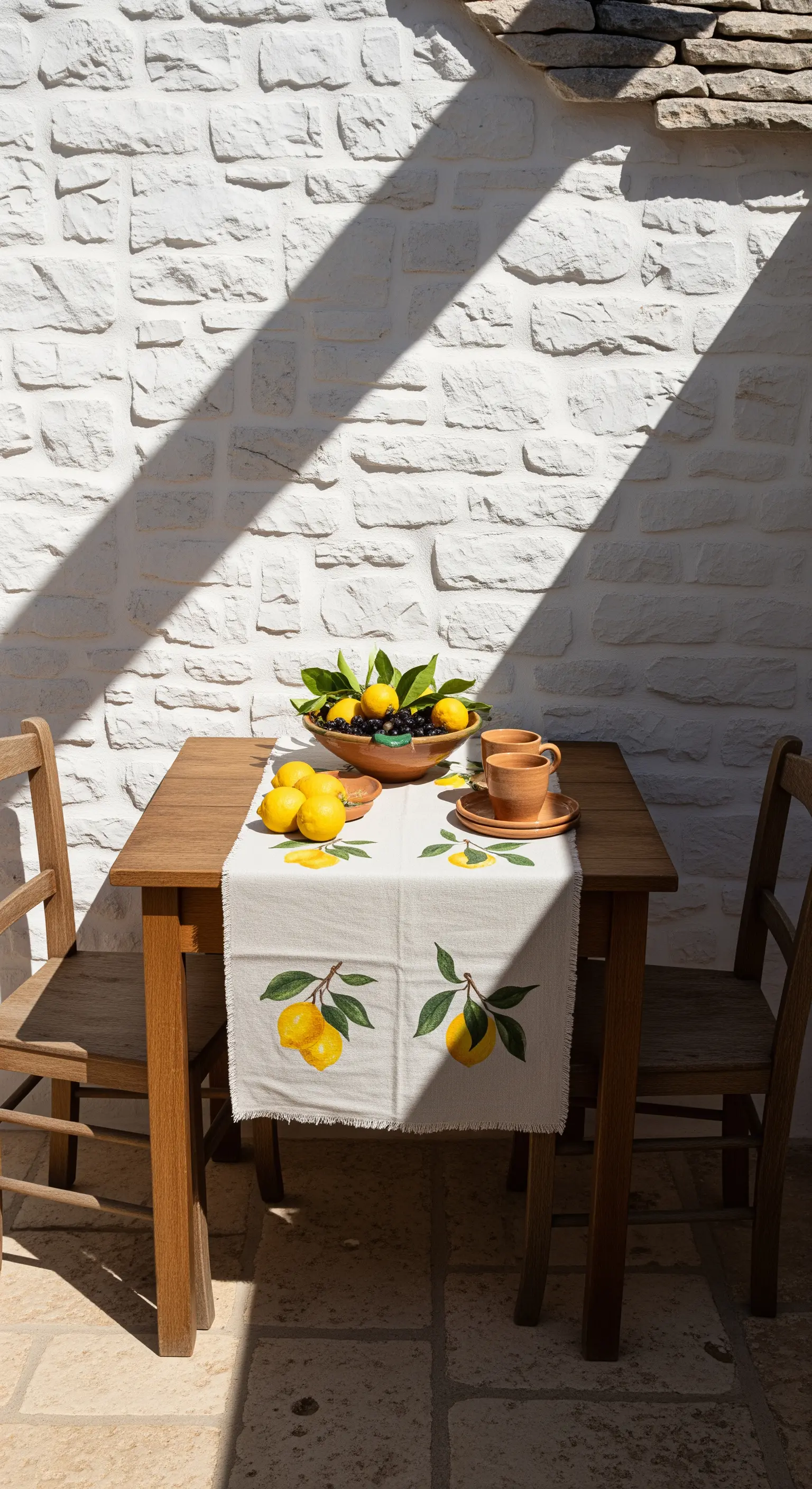 Holztisch mit Zitronenläufer, Holzschale voller Zitronen vor Steinwand