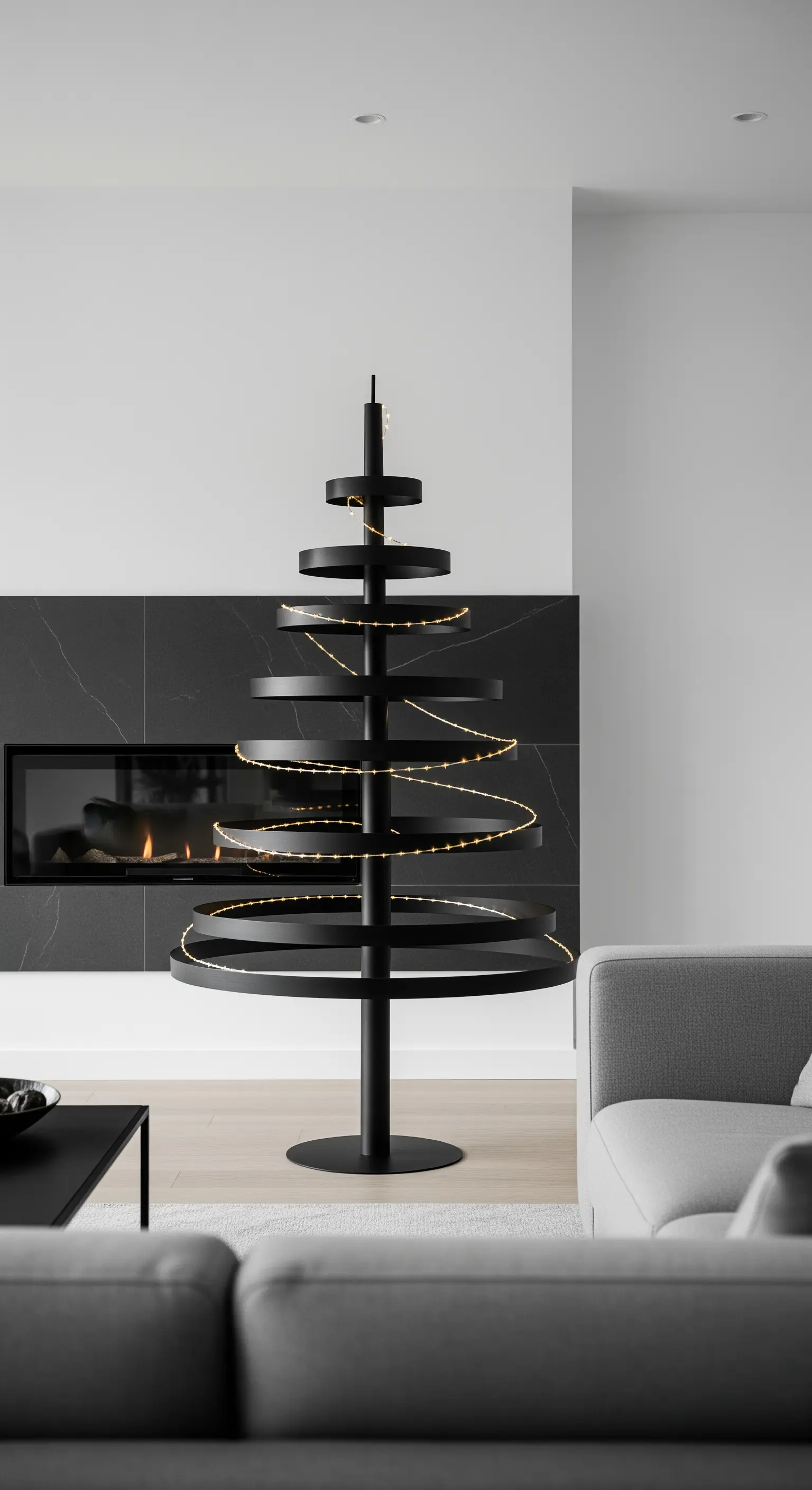 Minimalistischer Design-Baum, Spirale, Lichterkette, moderner Kamin