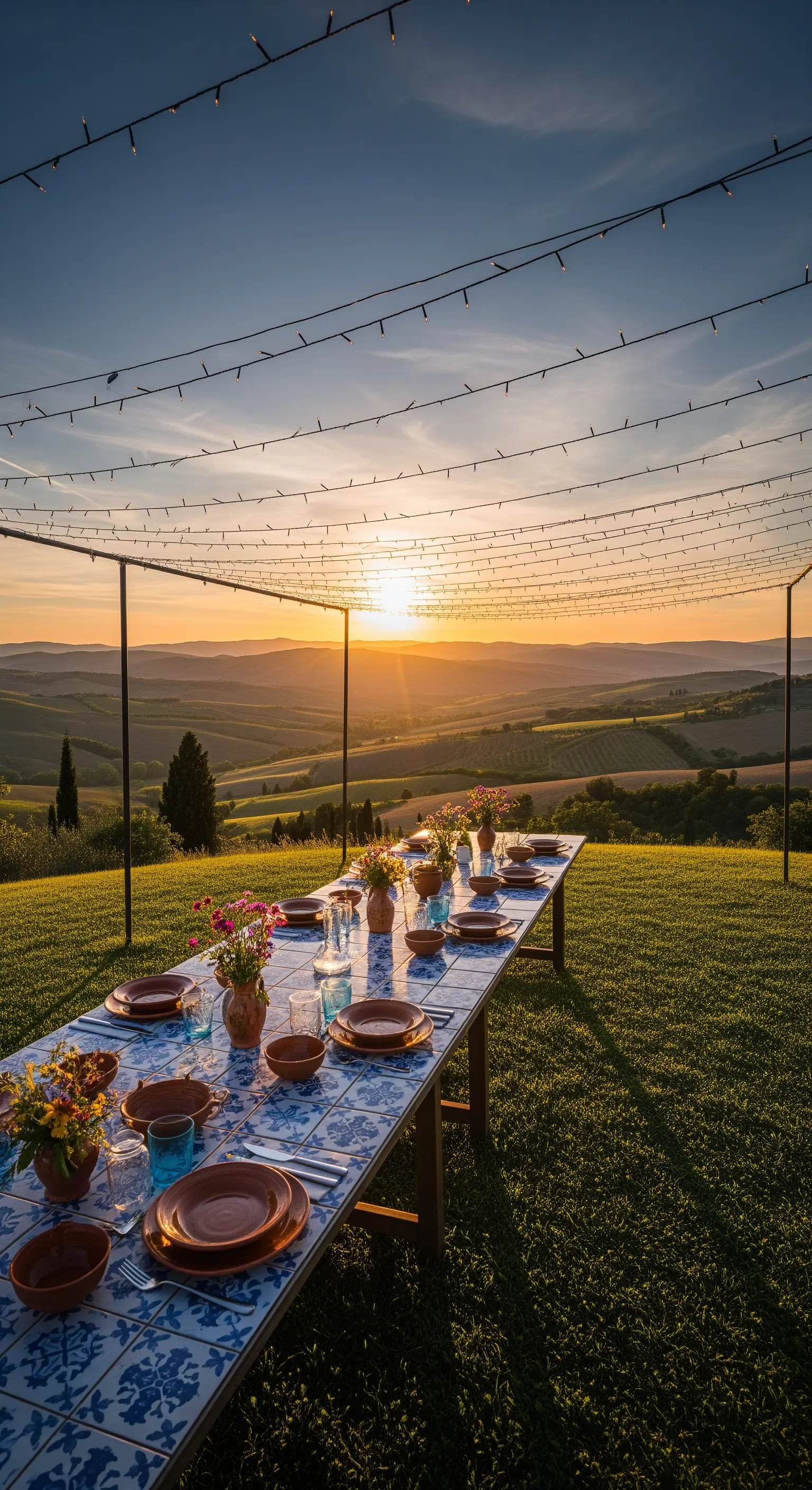 Tisch mit blau-weißem Fliesenmuster, Terracottageschirr und Lichterketten bei Sonnenuntergang