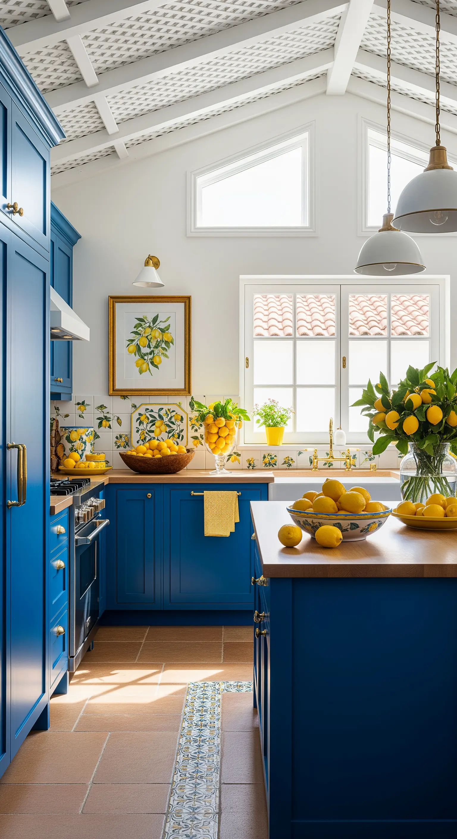 Blaue Küche mit Zitronenfliesen und Holzarbeitsplatten