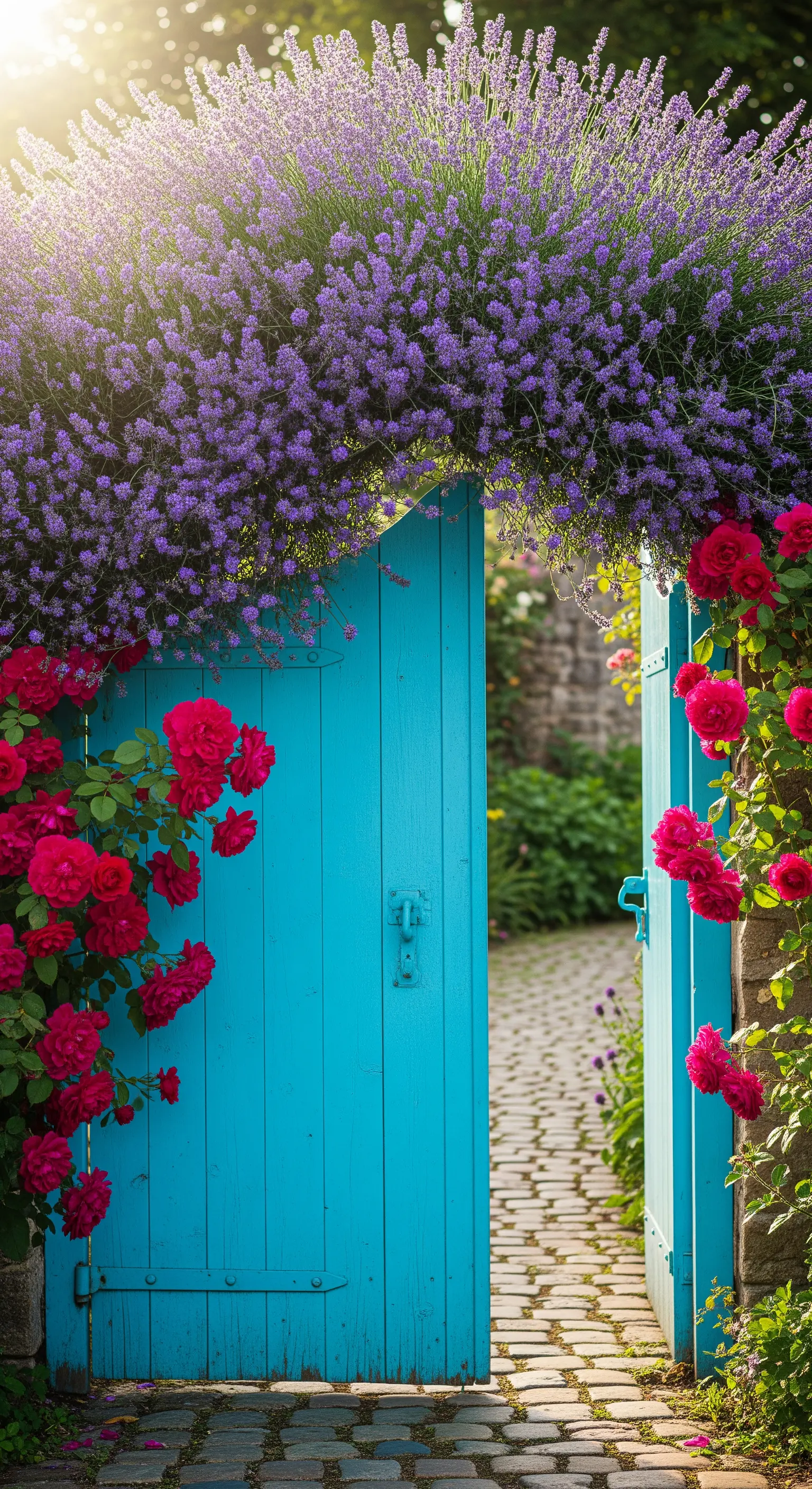 Offene azurblaue Holztür mit rotem Kletterrosen und überhängendem Lavendel