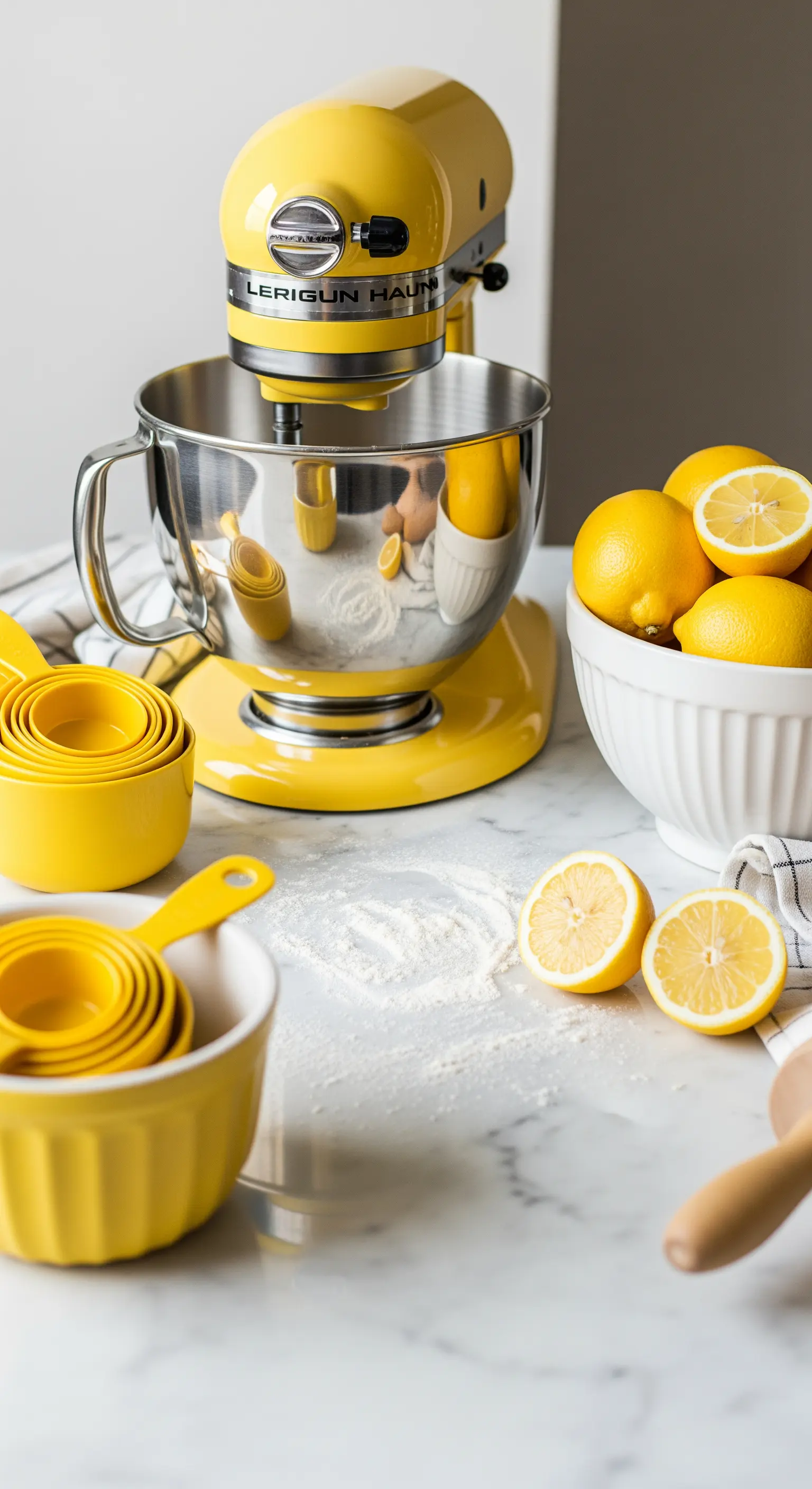Gelbe Küchenmaschine und Backutensilien mit Zitronen