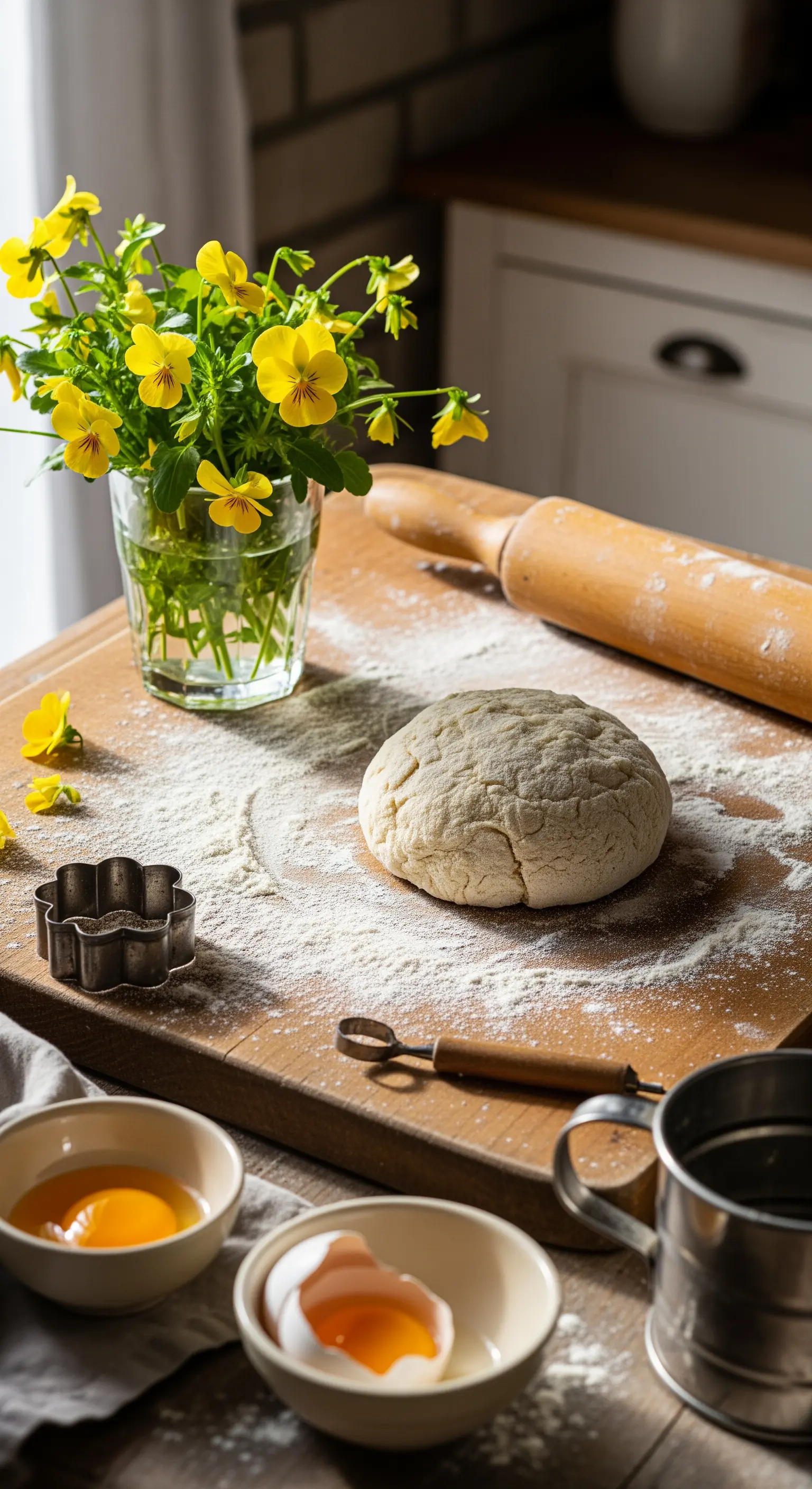 Backutensilien, Teig und gelbe Stiefmütterchen auf Holzarbeitsplatte