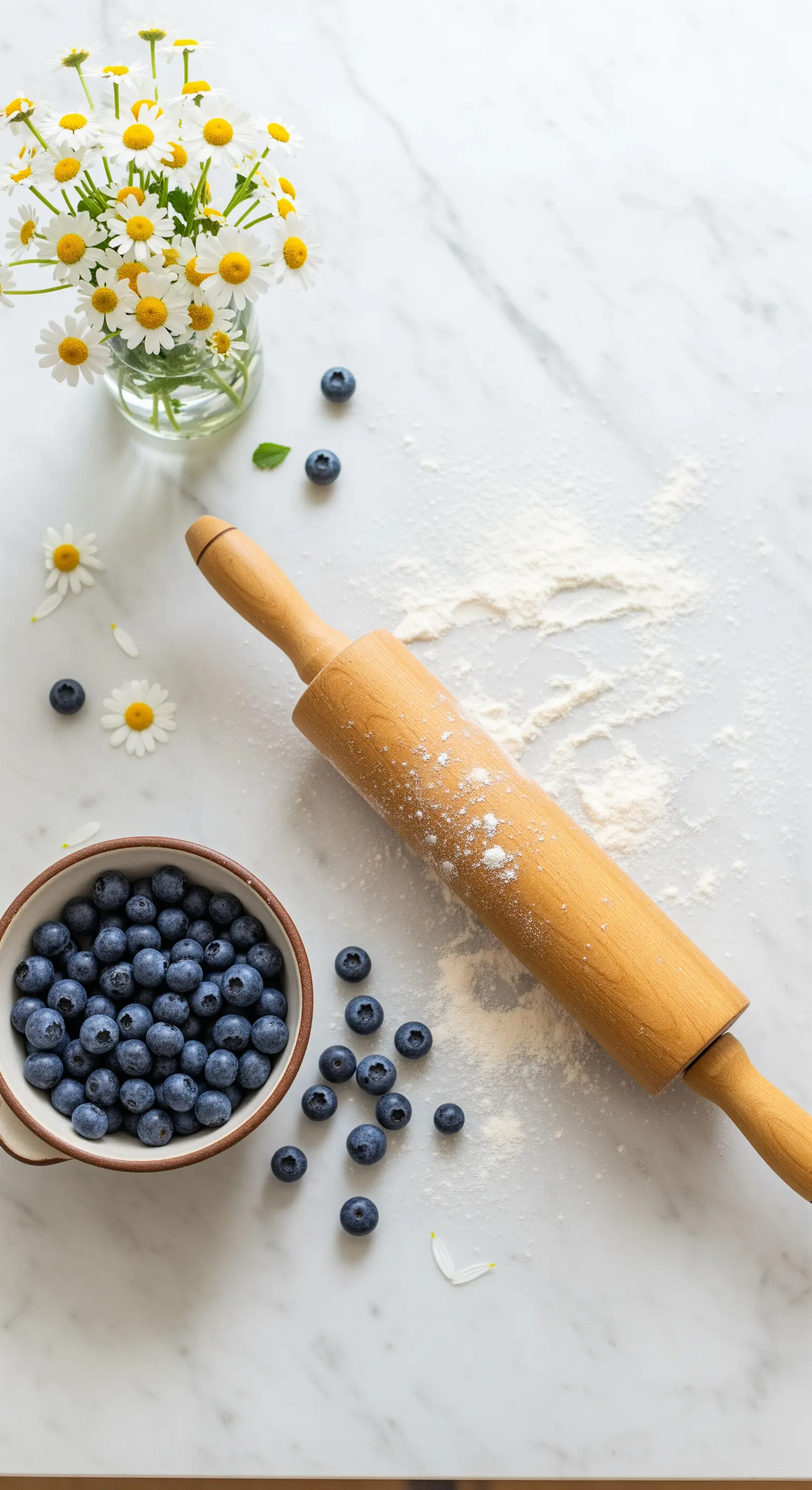 Holznudelholz, Blaubeeren und Gänseblümchen auf Marmorarbeitsplatte