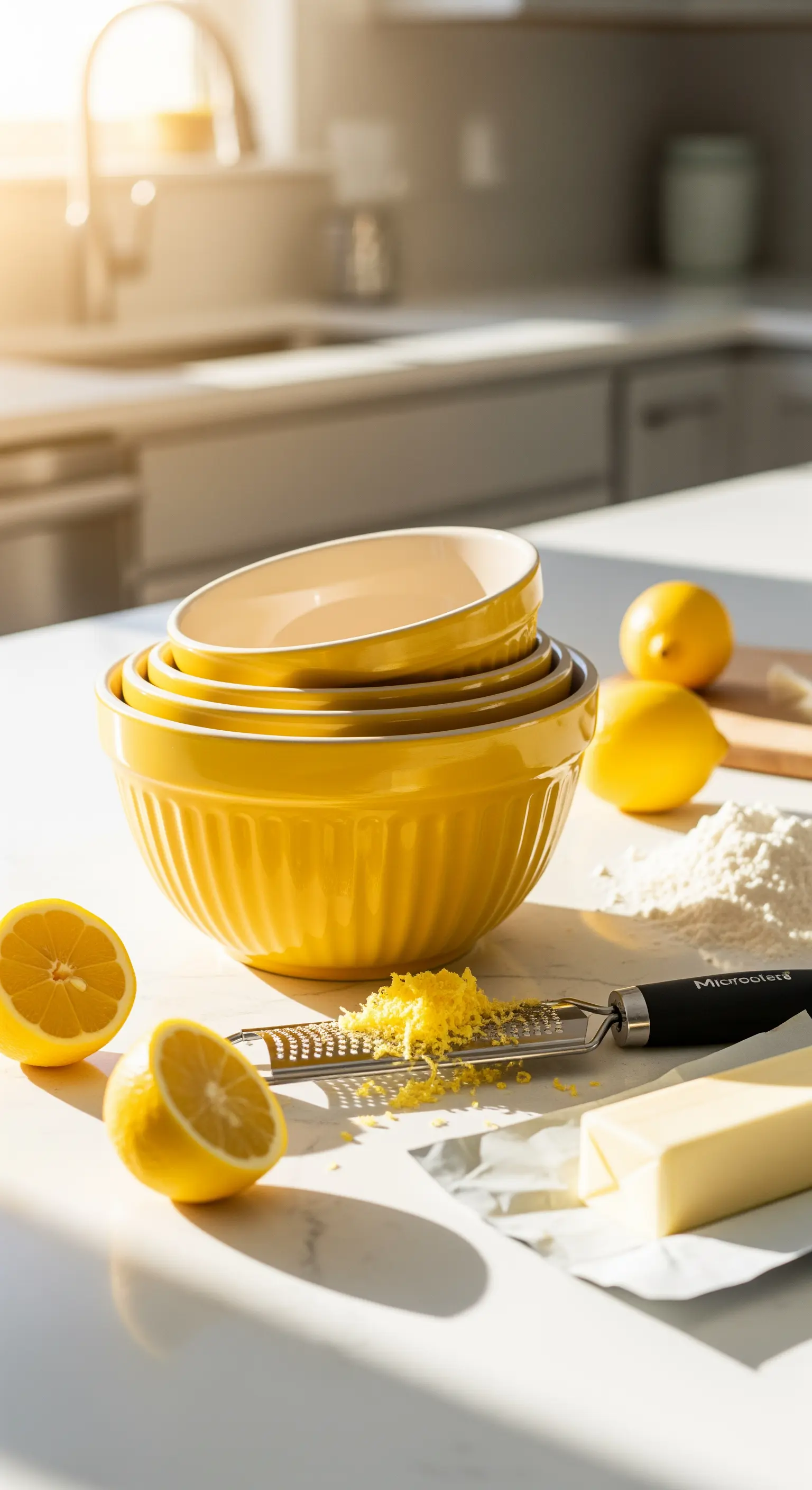 Backzutaten auf Marmorplatte mit gelben Schüsseln und Zitronen
