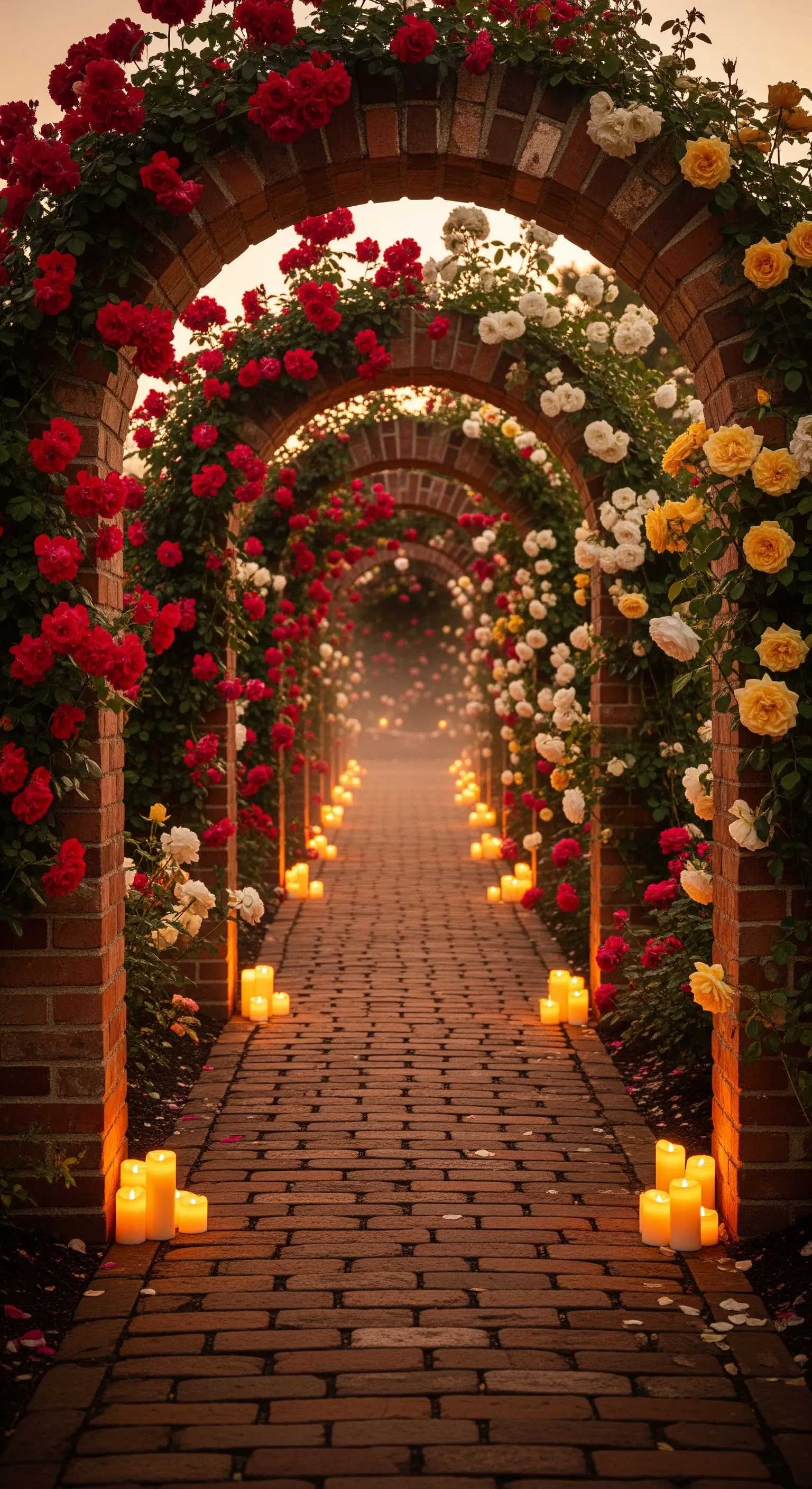 Backsteingänge mit Rosenbögen in Rot, Weiß, Gelb und Kerzenlichterweg
