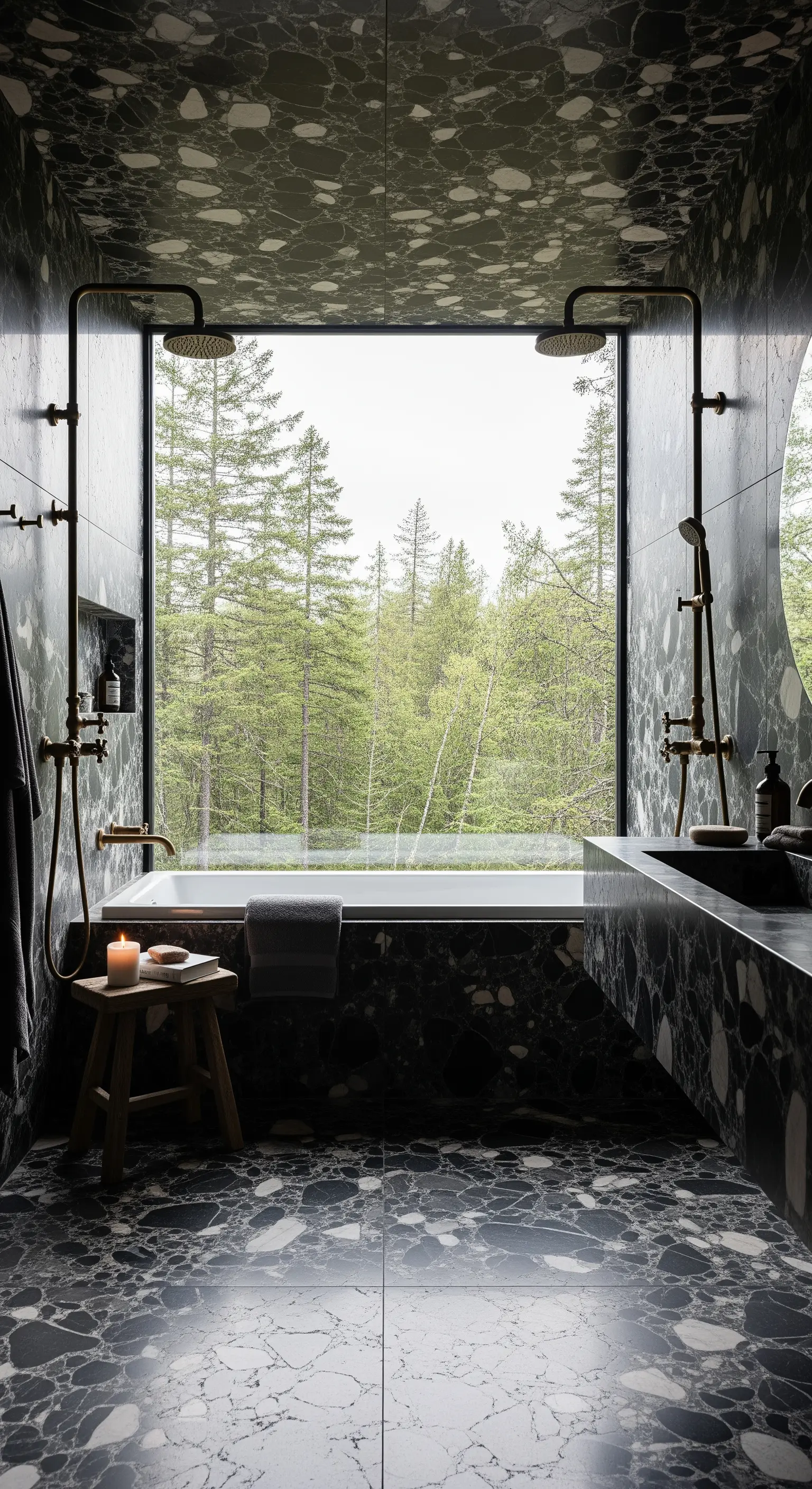 Dunkles Marmorbad mit großem Fenster, das den Blick auf einen Wald freigibt.