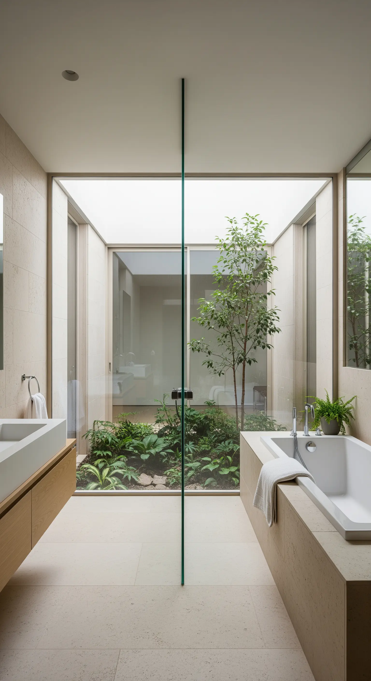 Badezimmer mit großer Glaswand zu einem bepflanzten Innenhof und integrierter Badewanne