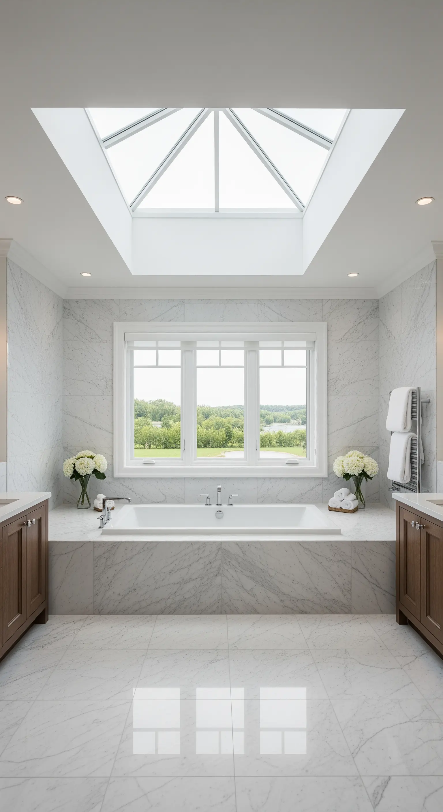 Helles Marmorbad mit einem großen Dachfenster über der Badewanne.