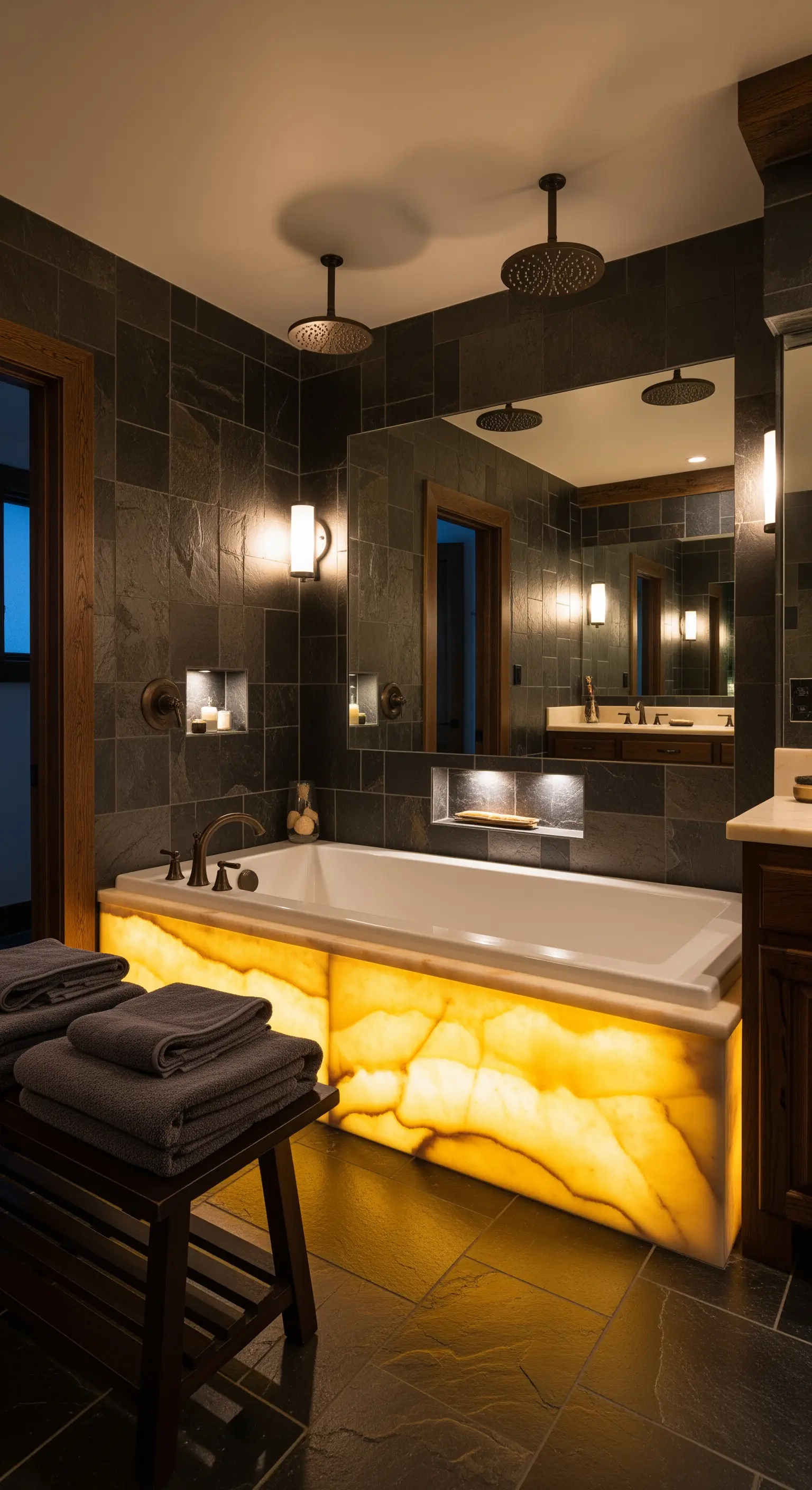 Beleuchteter Onyx-Wannenmantel, dunkle Schieferfliesen, Holzbank