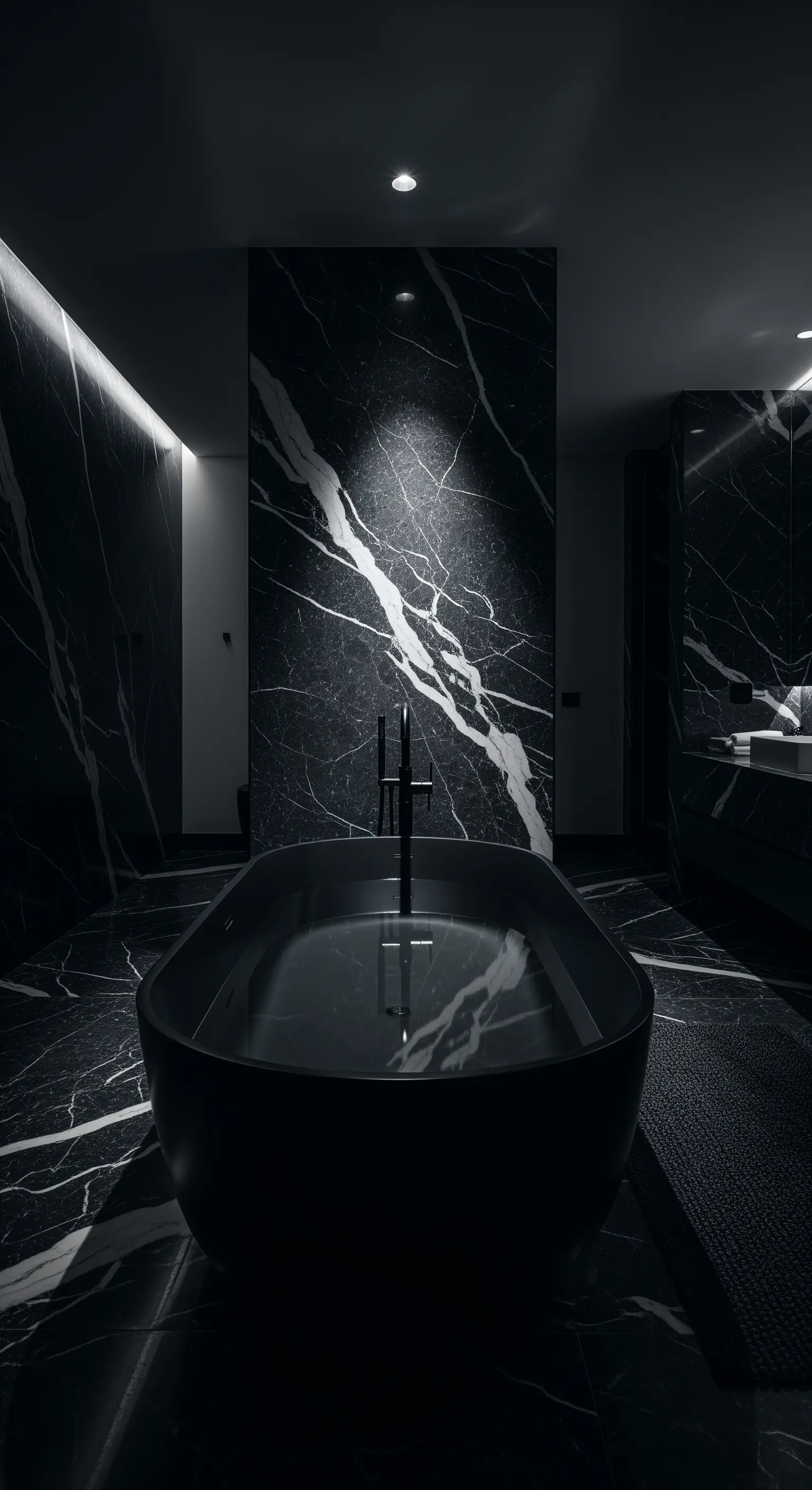 Dunkles Marmor-Badezimmer mit freistehender, schwarzer Badewanne, von einem Decken-Spotlight beleuchtet