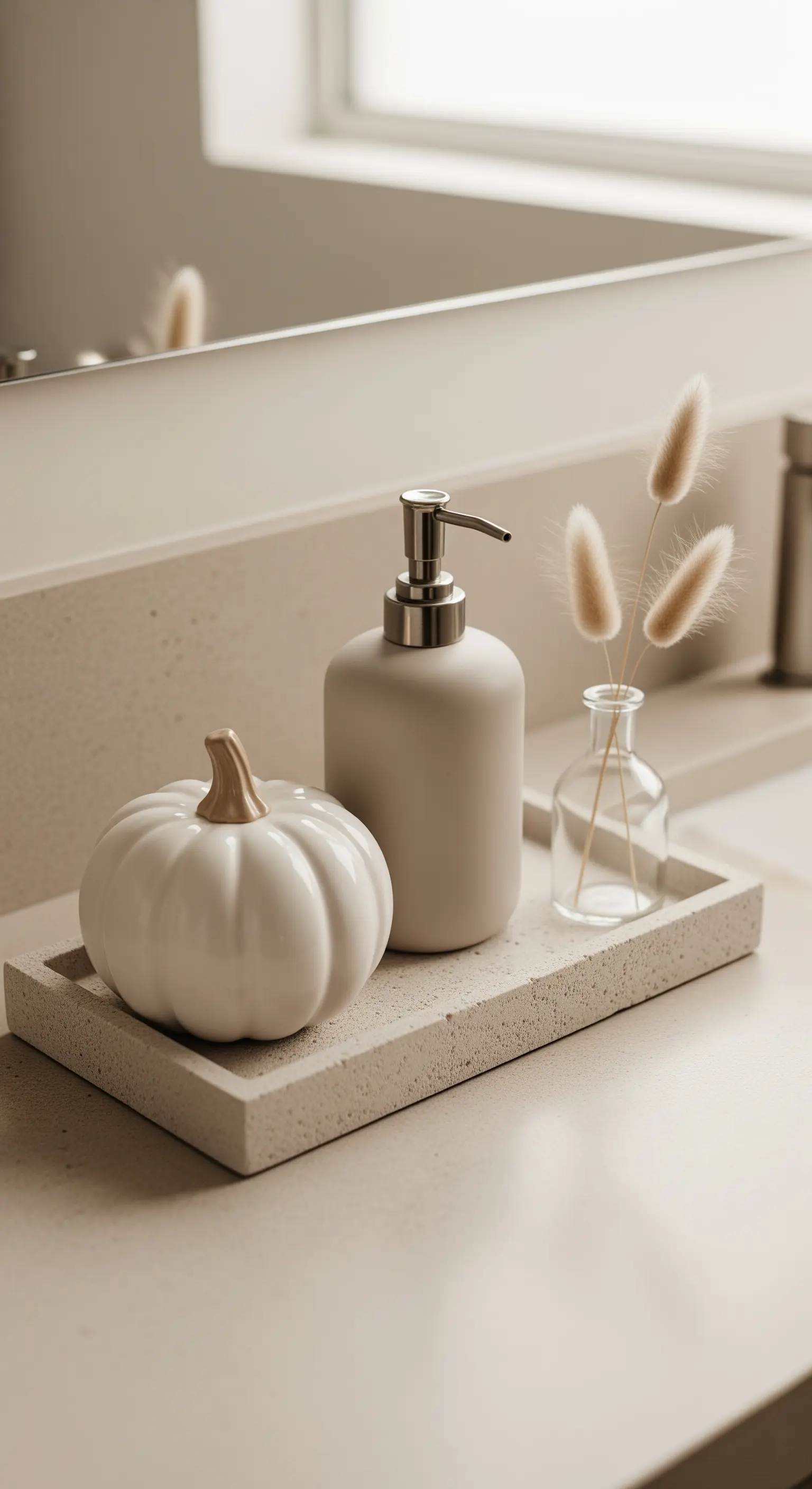 Badezimmer-Waschbecken mit Betontablett, weißem Kürbis, Seifenspender und getrocknetem Gras.