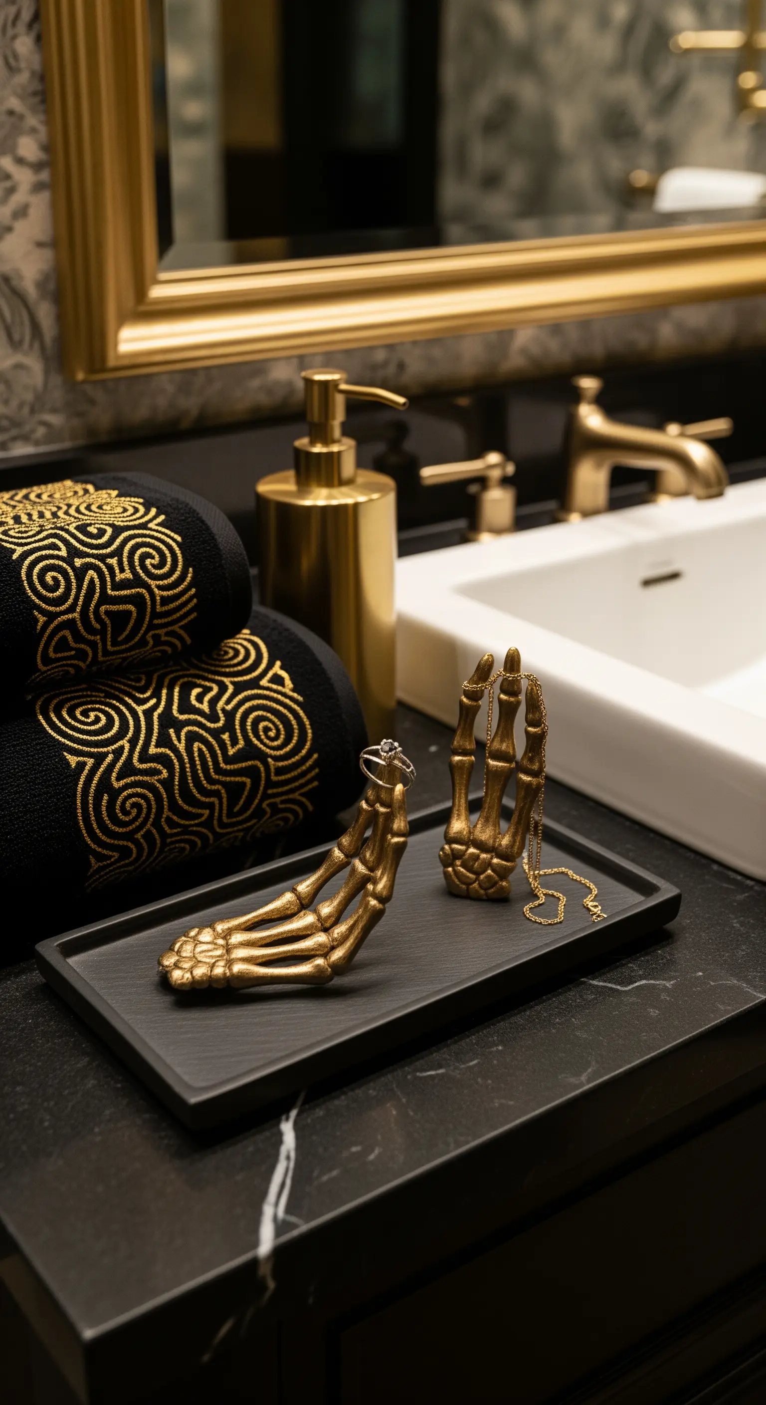 Badezimmer mit schwarzen Handtüchern, goldenen Armaturen und Skeletthänden